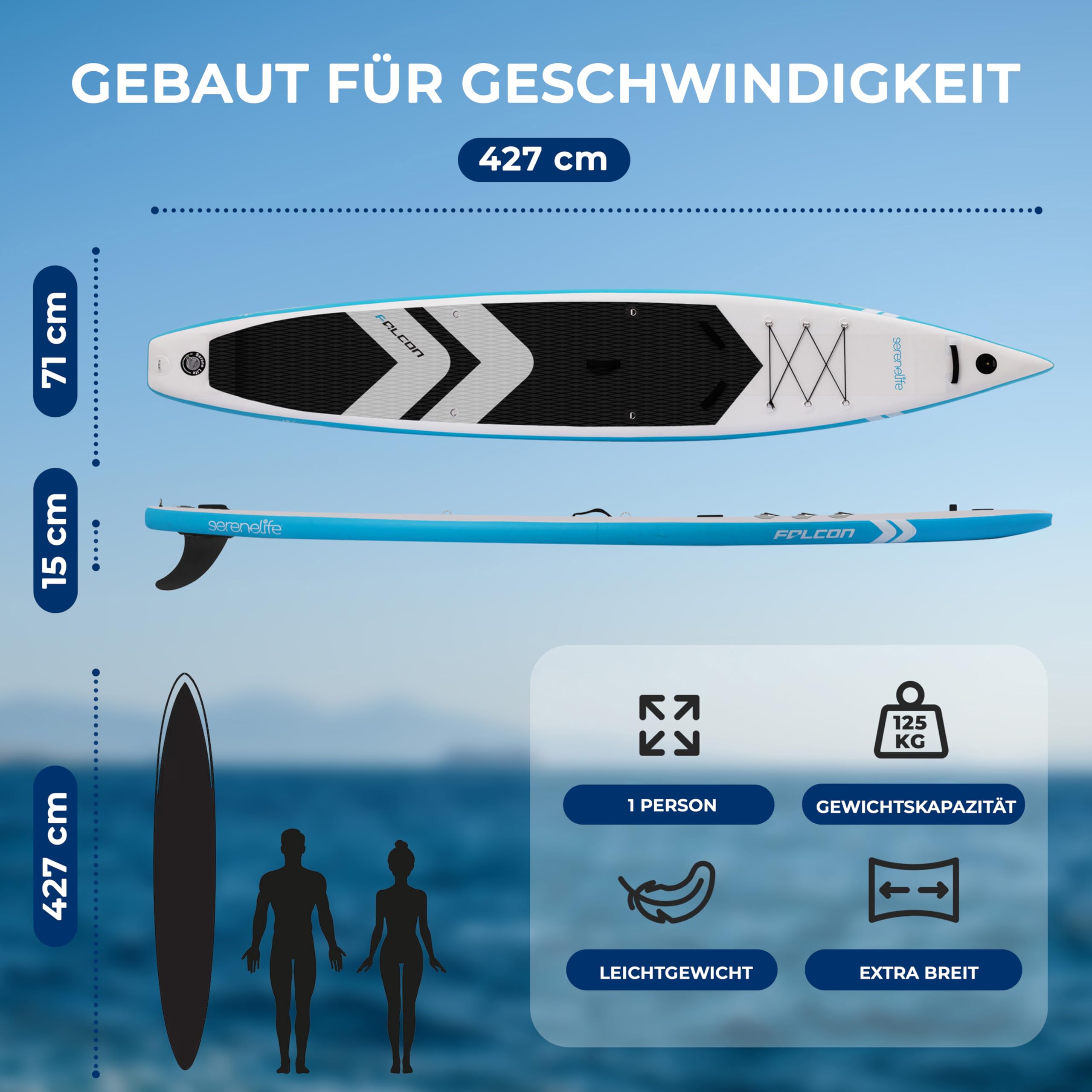 SereneLife SUP Board Aufblasbar Set – Stand Up Paddling Board mit Zubehör und rutschfestem EVA-Deck für See, Fluss, Touring, Yoga und Freizeit