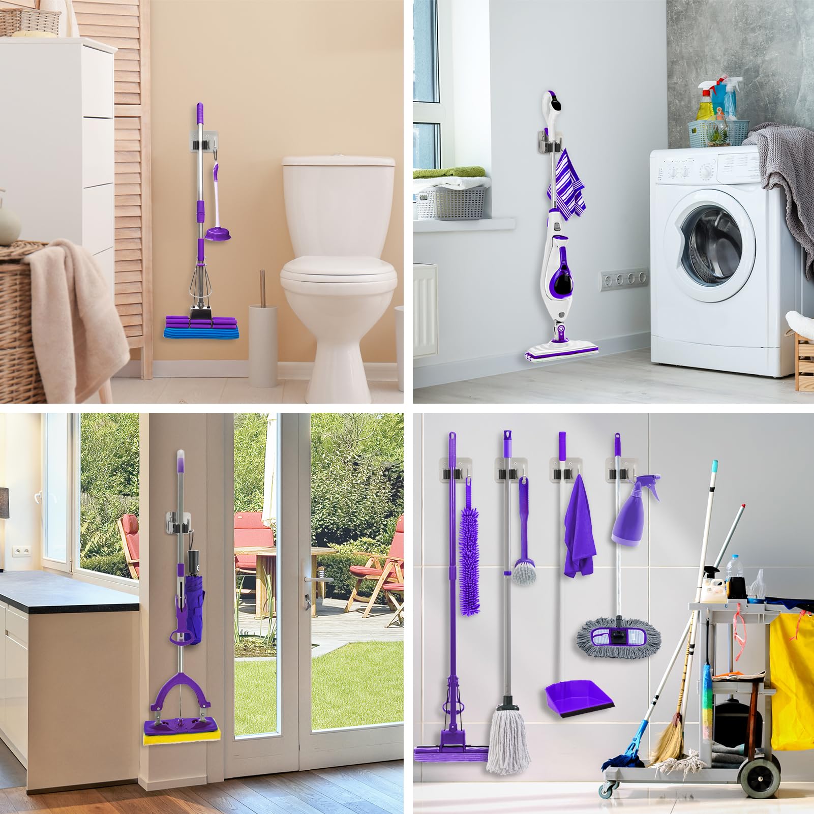 Soporte para escoba de montaje en pared, resistente acero inoxidable para fregona perforado, perfecto para organizador de lavandería, cocina, garaje, jardín 6