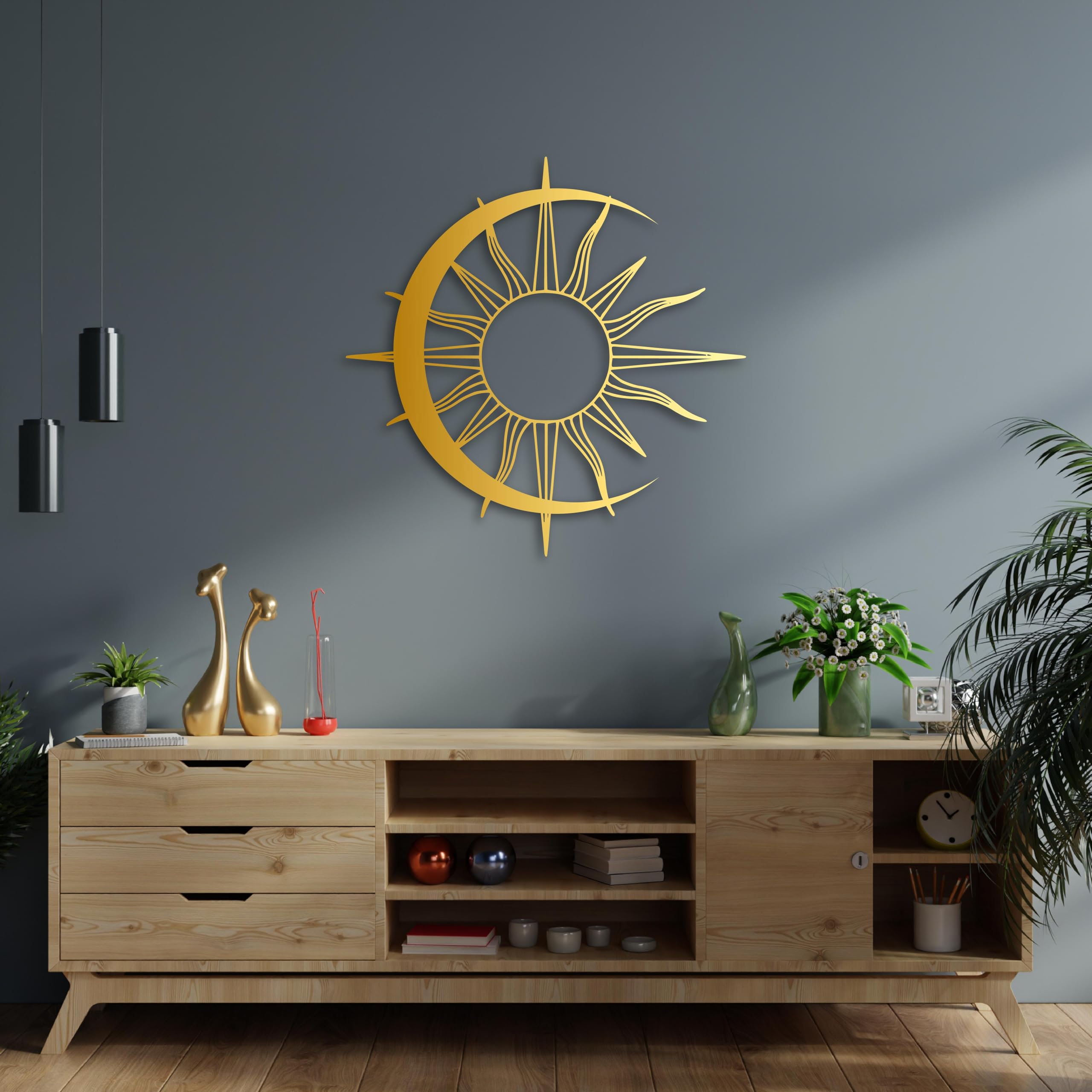 KAWA METALWORKS Minimalistische Wandkunst aus Metall mit Sonne und Mond, modernes Boho-Dekor für Schlafzimmer, Wohnzimmer oder Büro, ästhetisch, zeitgenössisch, einzigartiges Geschenk für Zuhause