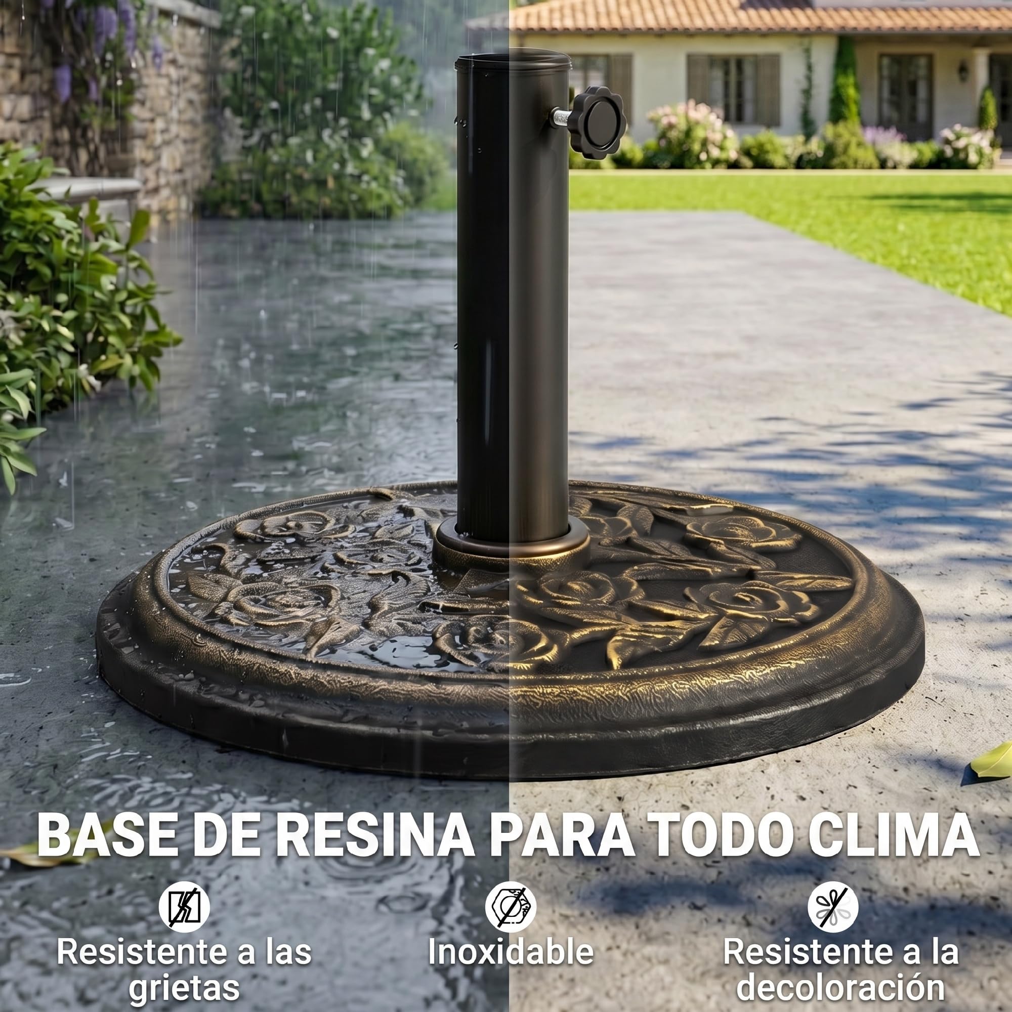 Outsunny Base para Sombrilla de Jardín de 9 kg Soporte de Parasol Redondo de Resina para Postes de 38mm/48mm Ø45,5x31 cm Bronce