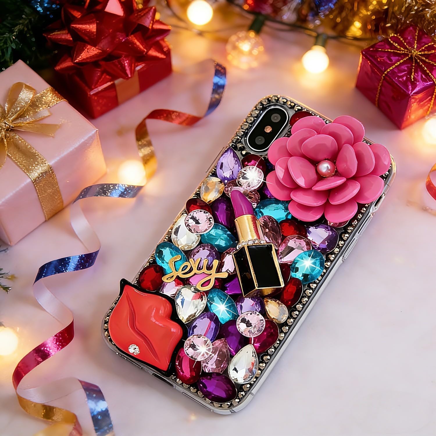 Glitter Phone Case for Samsung Galaxy A55 - Girls Women 3D Luxury Shiny Bling Cover with Screen Protector, White Floral Pearl Crystal Phone Strap - Colorful Sexy Lips Lipstick Rose