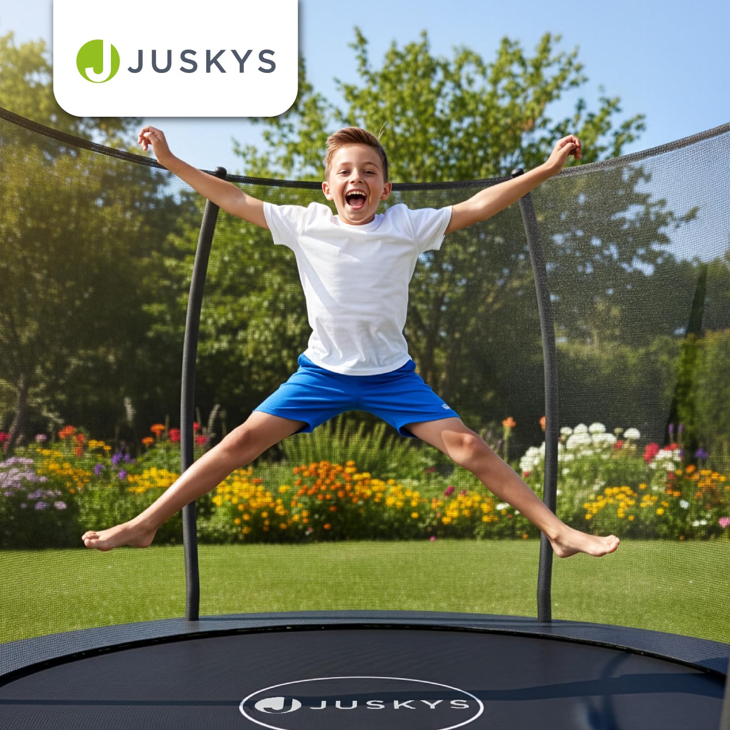 Juskys Trampoline SkyBounce – Trampoline de Jardin extérieur avec Filet de sécurité, échelle et ancrages au Sol, Protection de Bord rembourrée
