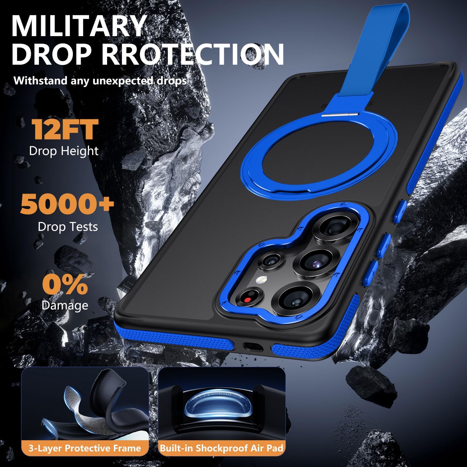 TIANNIUKE for Samsung Galaxy S25 Ultra Case 360°Rotatable Magnetic Ring Holder Stand with Silicone Strap, Fit for MagSafe Mil-Grade Shockproof Translucent Matte Phone Cases for S25 Ultra (Blue)