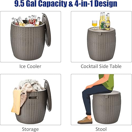Miniatura 3 de Giantex Enfriador de hielo de 9.5 galones, pecho de hielo redondo de mimbre, cubo de hielo para vino de cerveza al aire libre, tapón de drenaje con