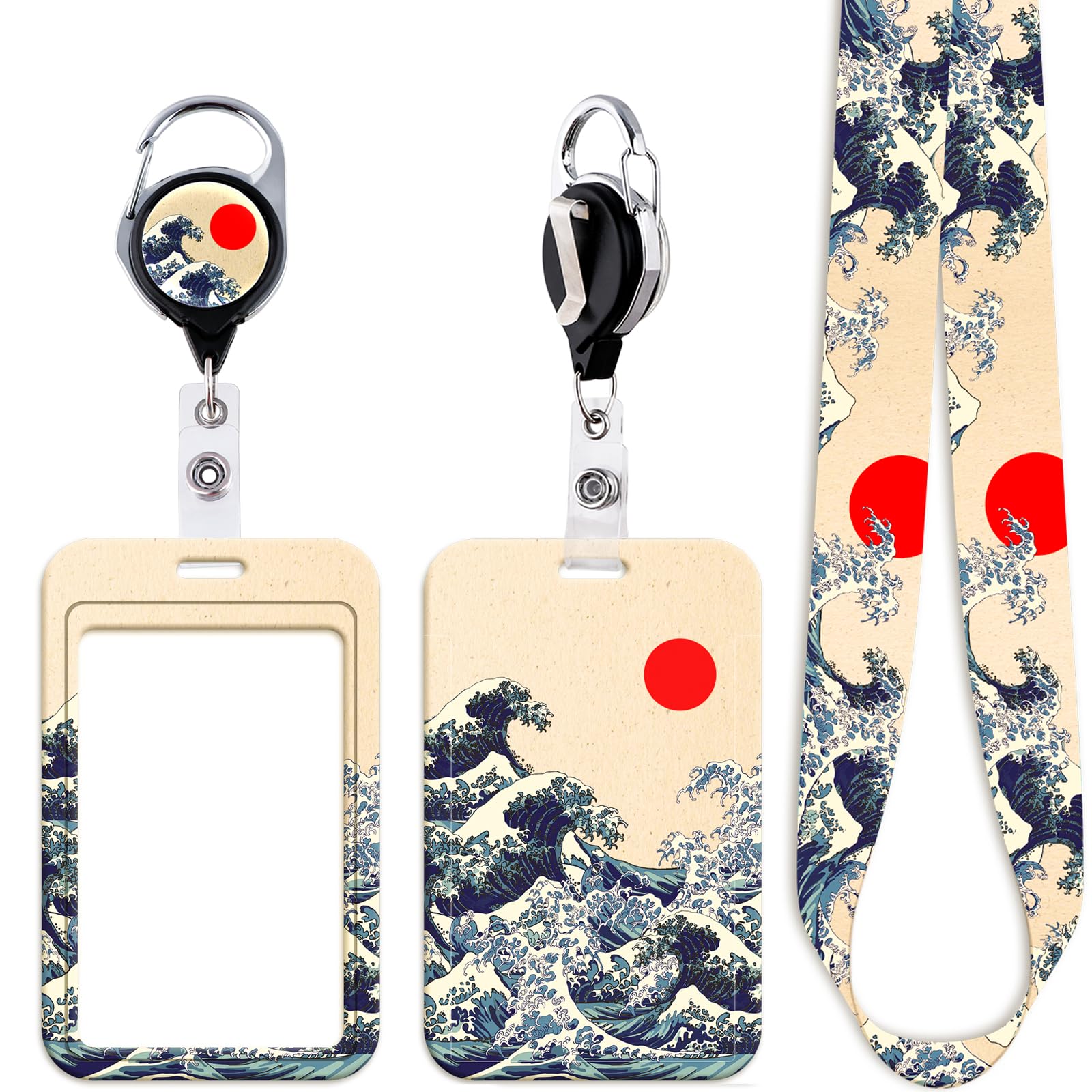 Juanooo Sea Wave Lanyard with Card Holder Retractable Reel Clip Cool Key Lanyard for Women Men Staff Nurses for ID Badge Teachers School Keychain for ID Holder