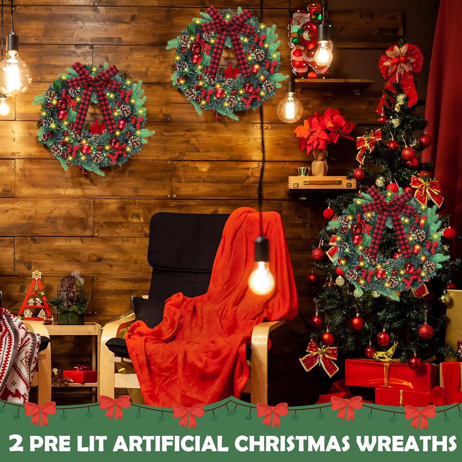2 Pcs 20 Inch Pre Lit Christmas Wreath for Front Door Norfolk Artificial Xmas Wreath with Lights Bow for Christmas Party Outdoor Decor(Plaid Bow)