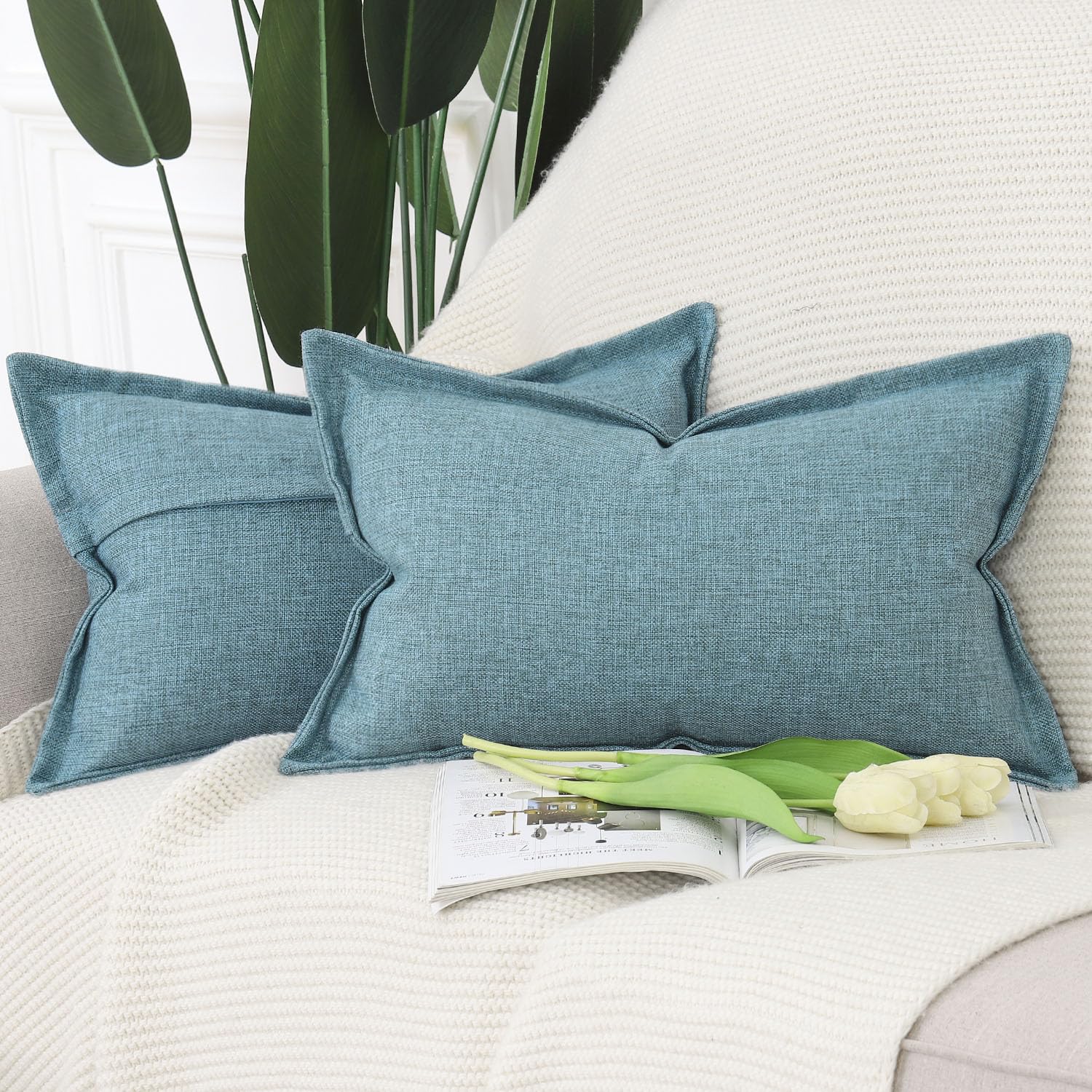 Madizz Set of 2 Faux Linen Cushion Covers with Broad Edge Soft Boho Decorative Pillow Cases for Sofa Bedroom Modern Pillow Shell 12x20 inch