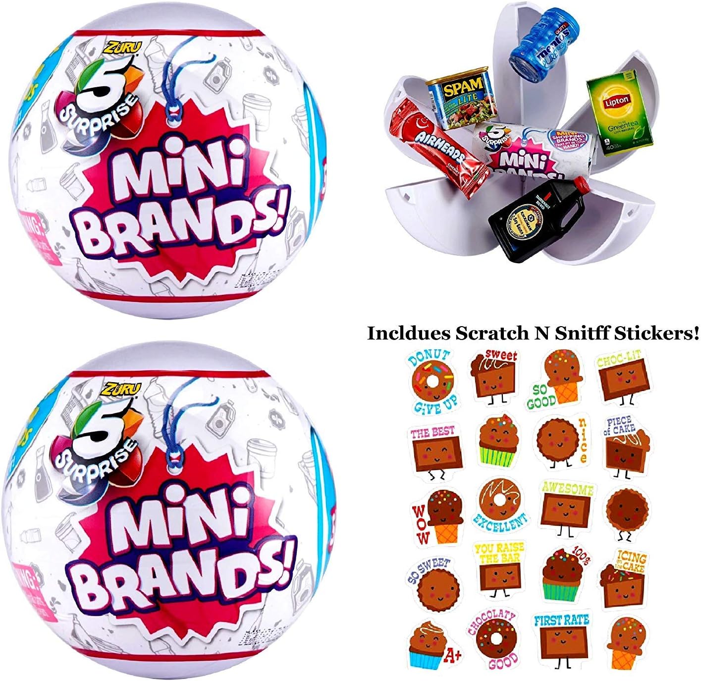 5 Surprise (2 Pack) Mini Brands Collectible ball Includes Puffy Dinosaur Sticker Pack