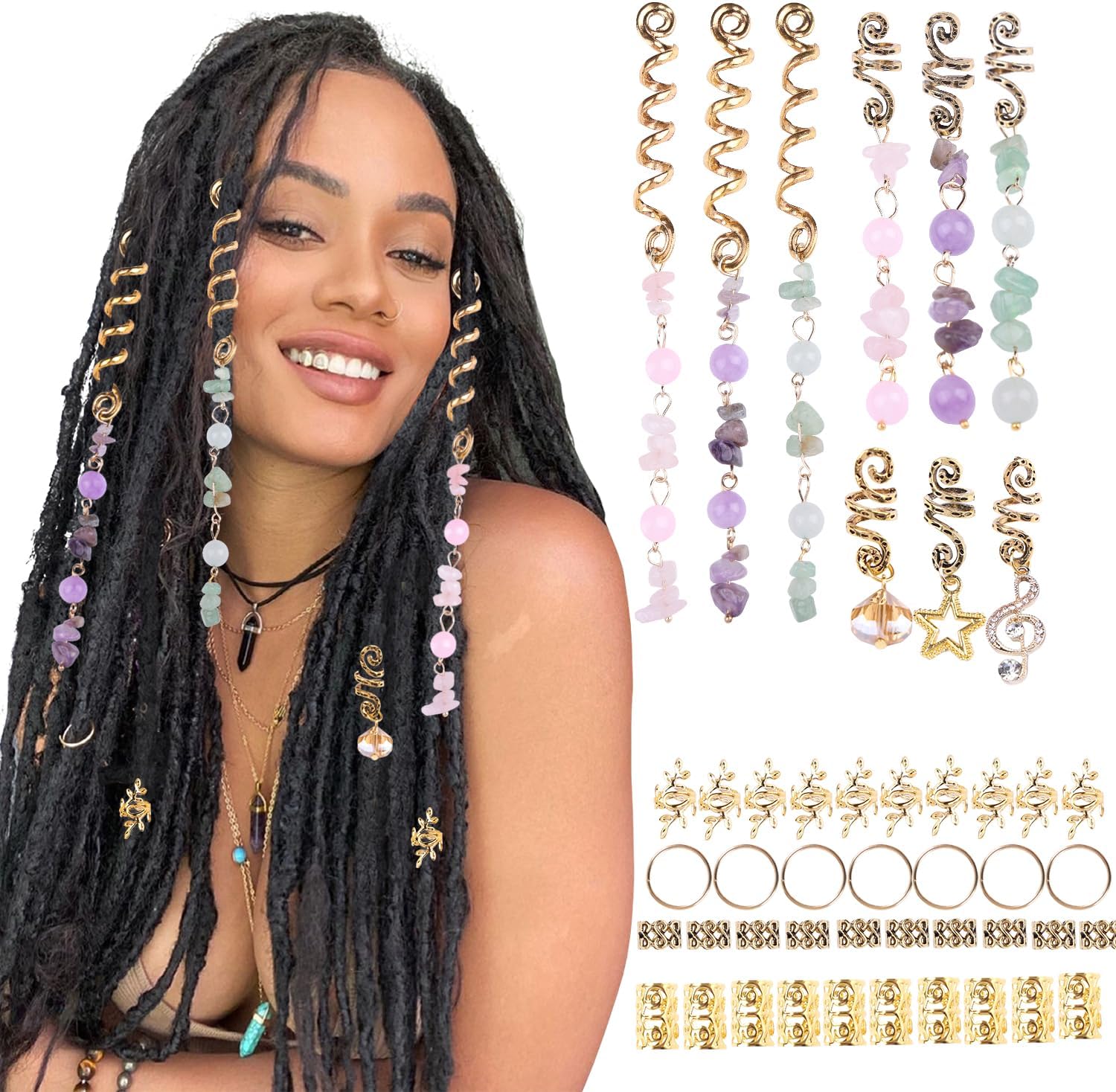 Leeven 50 PCS Colored Natural Stone Pendant Hair Jewelry for Braids Gold Hair Beads Crystal Dreadlock Accessories for Women