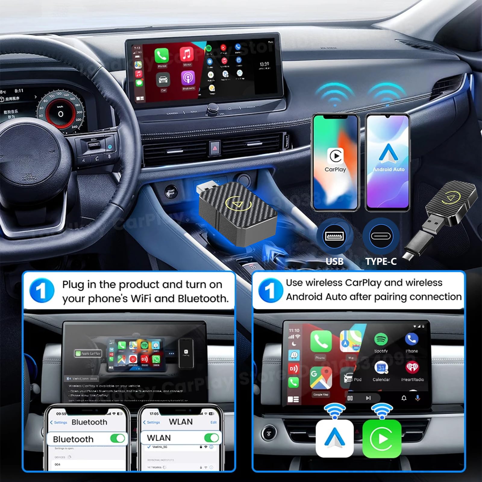 Adattatore per Carplay e auto, Convertitore CarPlay/Android Auto Cablato in Wireless, USB C/A, Plug and Play, Stabile