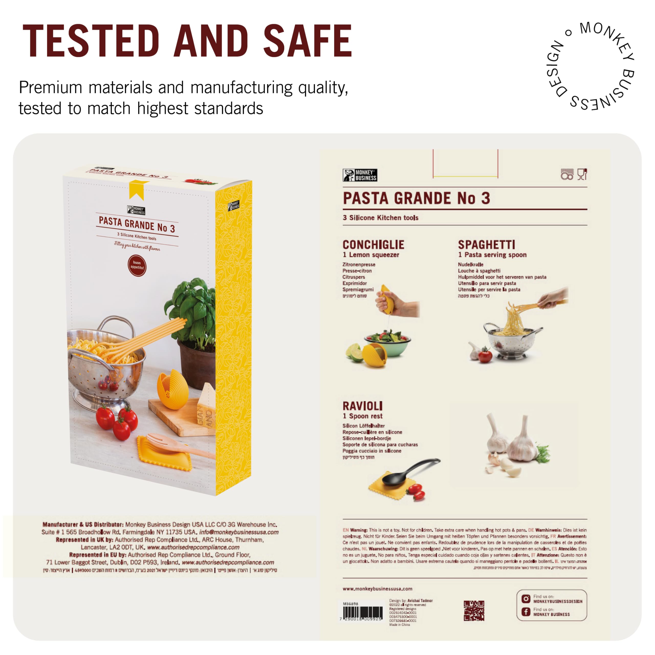 Monkey Business Herramientas de cocina de silicona en caja de regalo/3 utensilios de cocina grandes con forma de pasta/soporte para cuchara de raviolis, exprimidor de limón Conchiglie, cuchara para