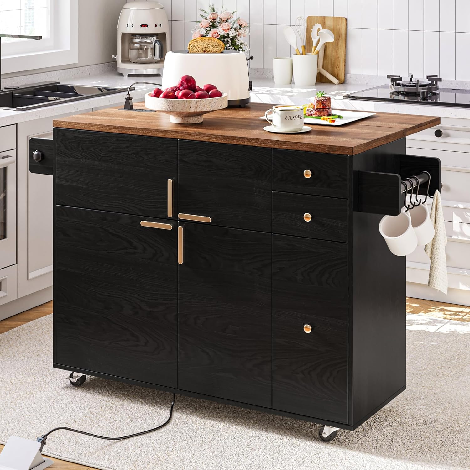 53'' Kitchen Island with Drop Leaf & Power Outlet, Kitchen Island on Wheels with 3 Drawers and Pull Out Rack Organizer, Rolling Kitchen Carts for Kitchen and Dining Room, Black