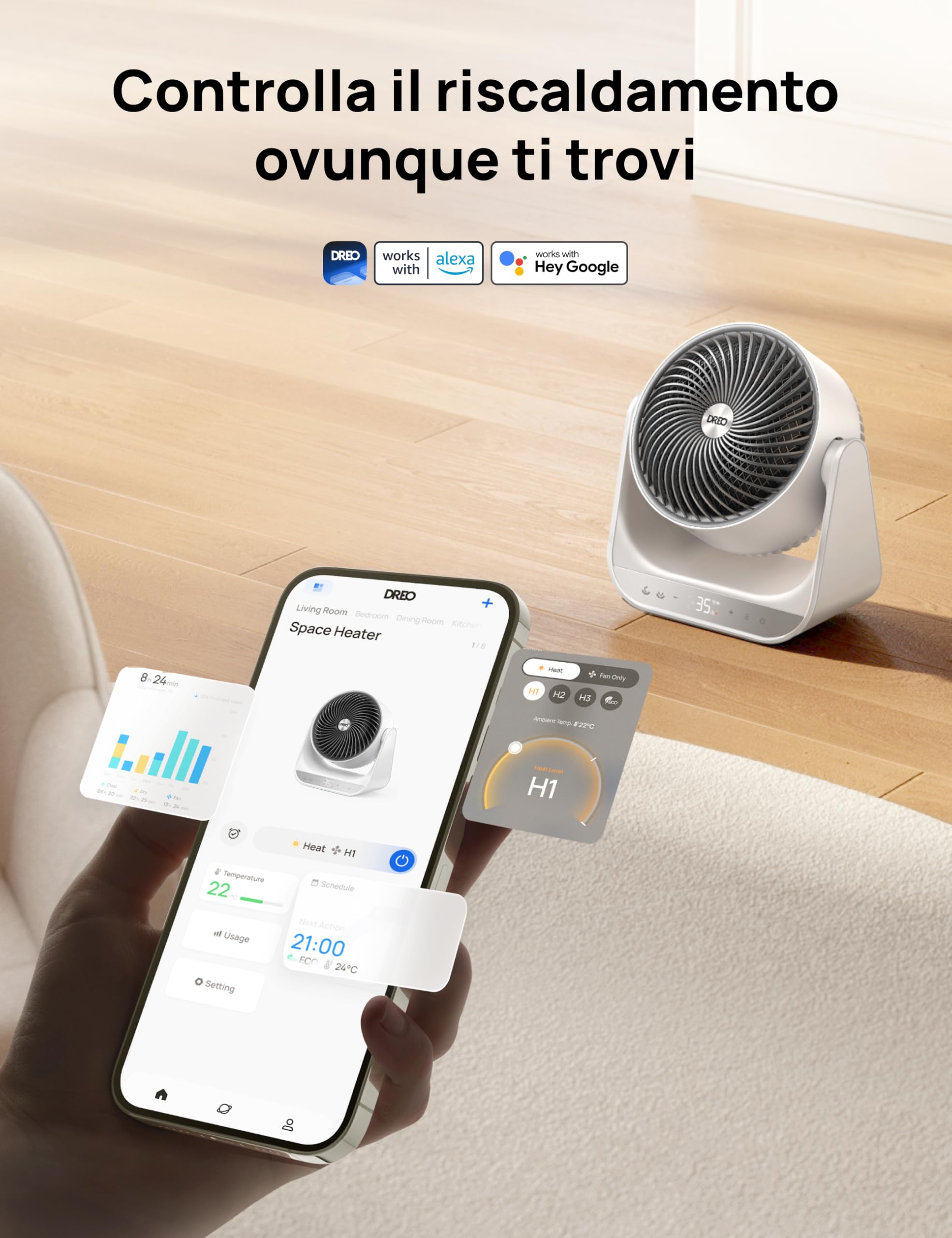 Dreo Stufa elettrica da interno 2000W con telecomando e termostato, 7 modalità, protezione da surriscaldamento e ribaltamento, riscaldatore portatile per tutta la stanza, bianco, dispositivo 714S