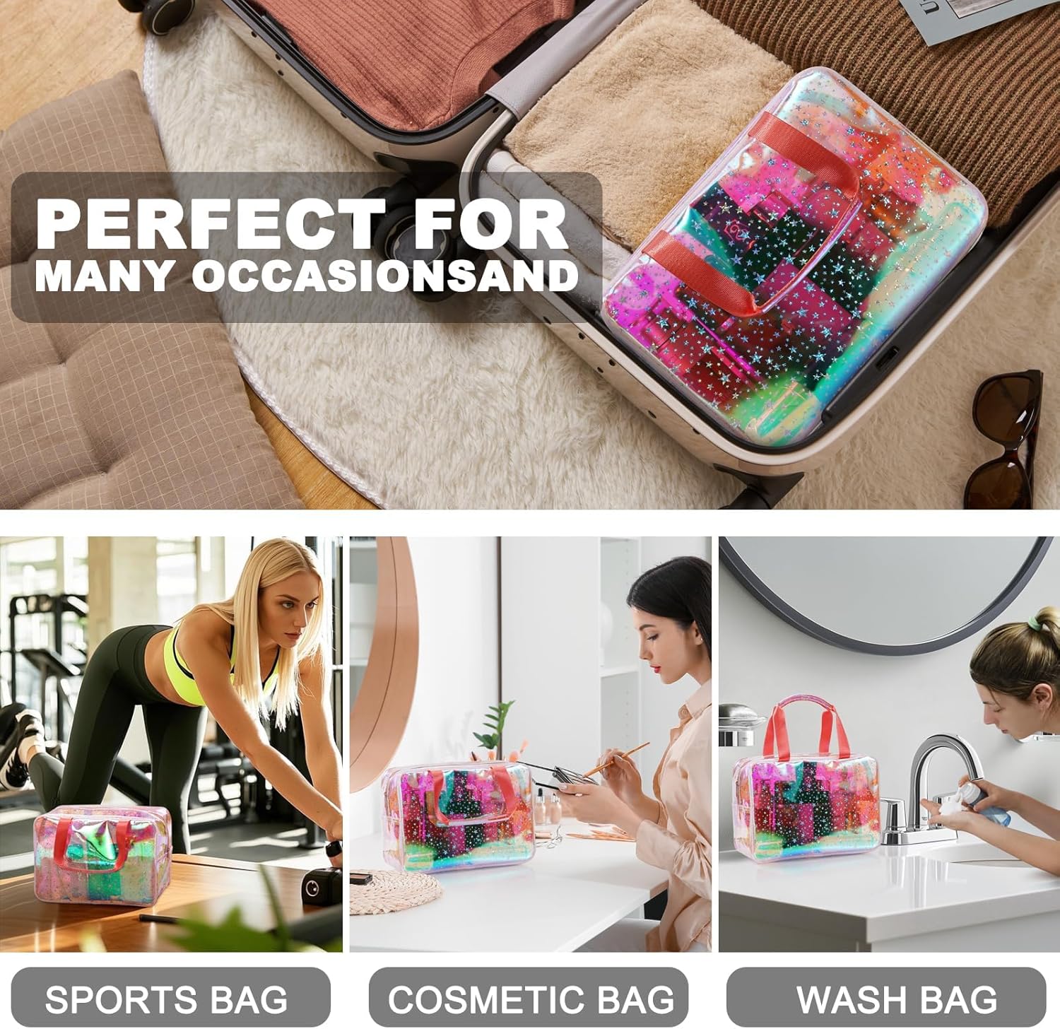 TPU Clear Makeup Bag for Women Waterproof Star Make Up Bag Toiletry Bag Travel Durable Cosmetic Bag Large Cute Tote Bag Organizer Makeup Pouch, Rainbow White - Image 7