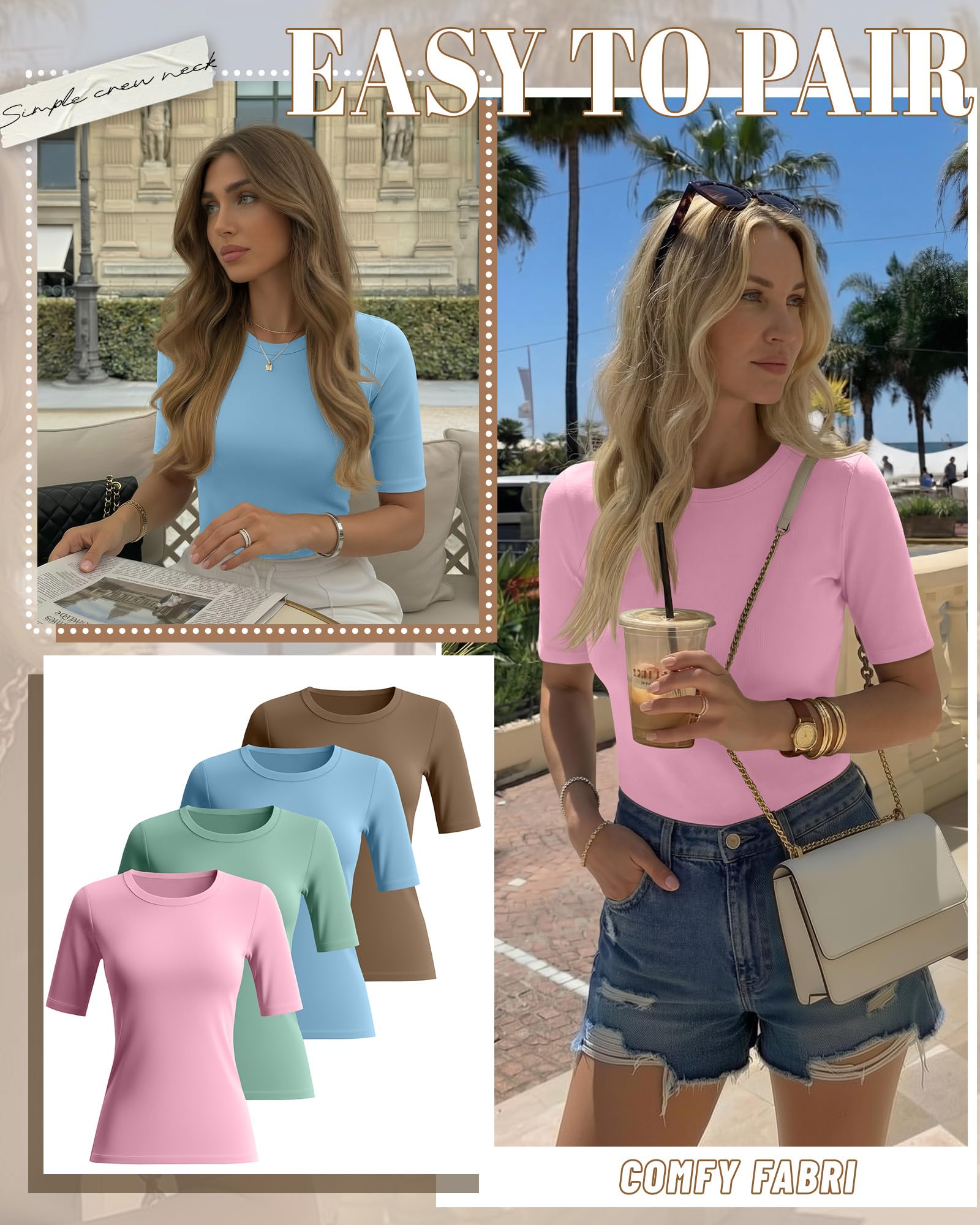 Neer Confezione da 4 Magliette da Donna con Mezze Maniche, Lunghezza ai Gomiti, vestibilità Aderente, Scollo Rotondo, 1/2 Maniche, estive, Basic | Camicie slim fit a mezza manica, maglietta di base elastica leggera, abbigliamento da ufficio, abbigliamento
