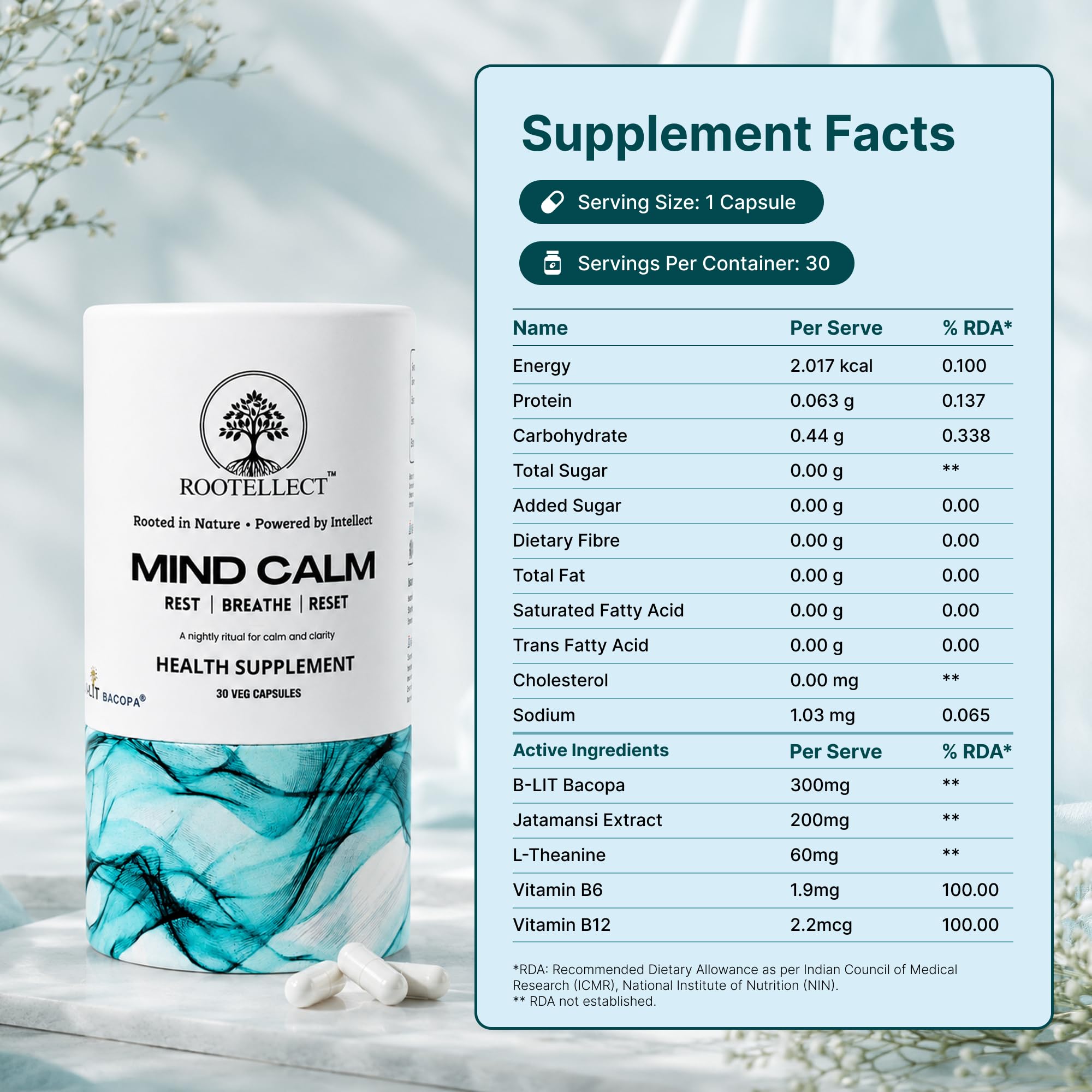 Mind Calm Supplement with B-LIT® Bacopa (Brahmi) 300 mg, L-Theanine & Jatamansi for Mental Clarity, Focus, Memory & Stress Relief | Brain & Focus | Non-Melatonin Sleep Supplement | 30 Veg Capsules — Amazon image 7