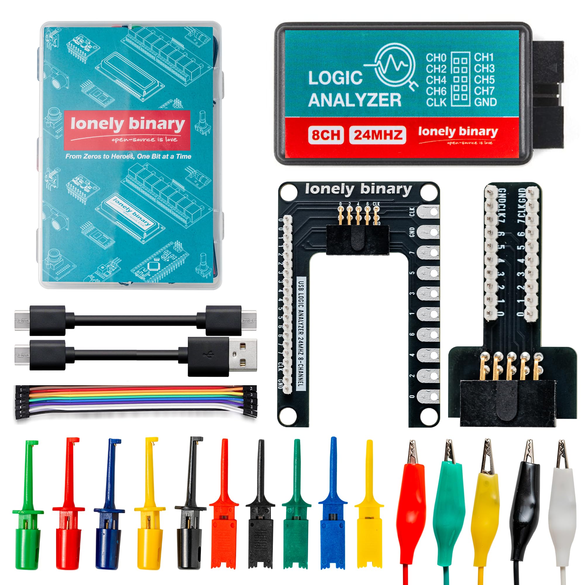 Lonely Binary Logic Analyzer 8 Kanäle 24MHz USB-Kit mit Basismodul, Breadboard Breakout Board, USB-A & Typ-C-Kabel, Testclips, Krokodilklemmen, kompatibel mit Arduino ESP32 STEM DIY-Projekten