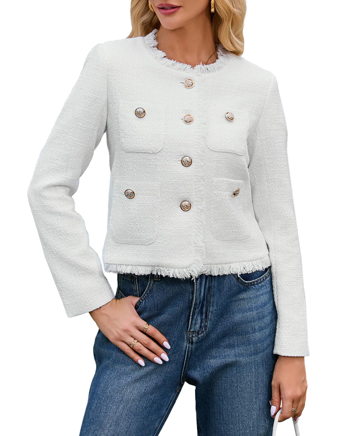 Cropped Tweed Blazer Jackets for Women Elegant Collarless Long Sleeve Button Down Work Office Blazer Jacket