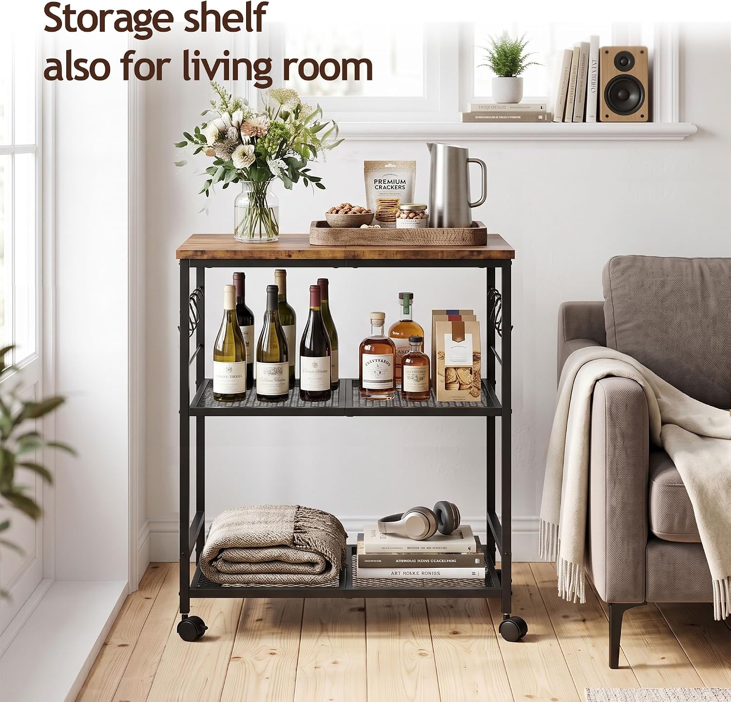3-Tier Rolling Kitchen Microwave Cart with Storage, Mobile Kitchen Utility Cart with 2 Lockable Wheels, Coffee Bar Table Station with 6 S-Shaped Hooks for Kitchen Island, Living Room, Rustic Brown
