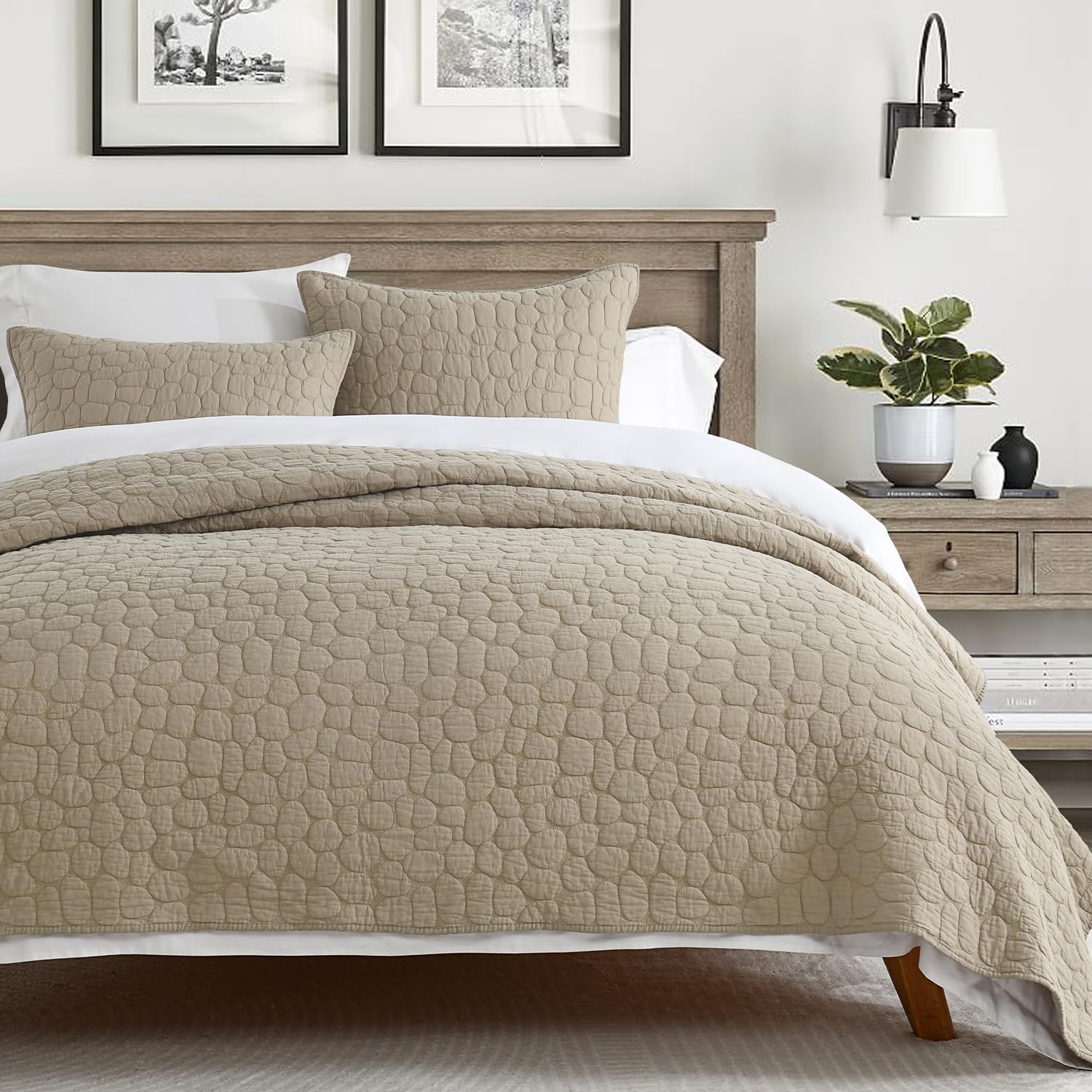 HORIMOTE HOME 100% Cotton Quilt Set Queen Size, Dark Beige Pre-Washed Bedspreads Coverlet Set with Cobblestone Pattern, Cozy Lightweight Stitching Decorative Bedding Cover for All Seasons