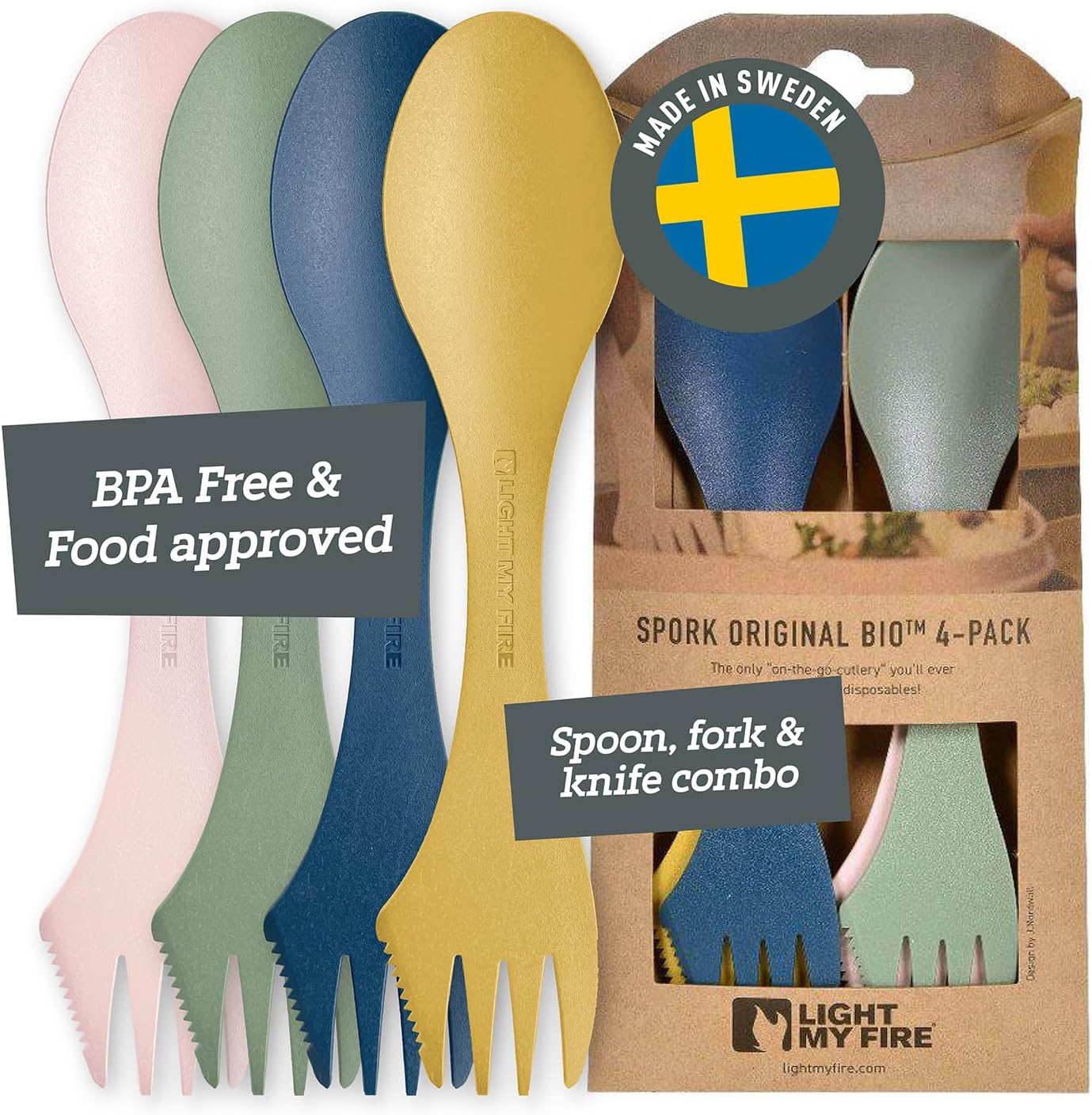 Light my Fire Spork Original 3-in-1 Camping Cutlery Knife Fork Spoon Set Survival Gifts for Scouts Camping Accessories Sporks Reusable Travel Cutlery Set 4-Pack Nature