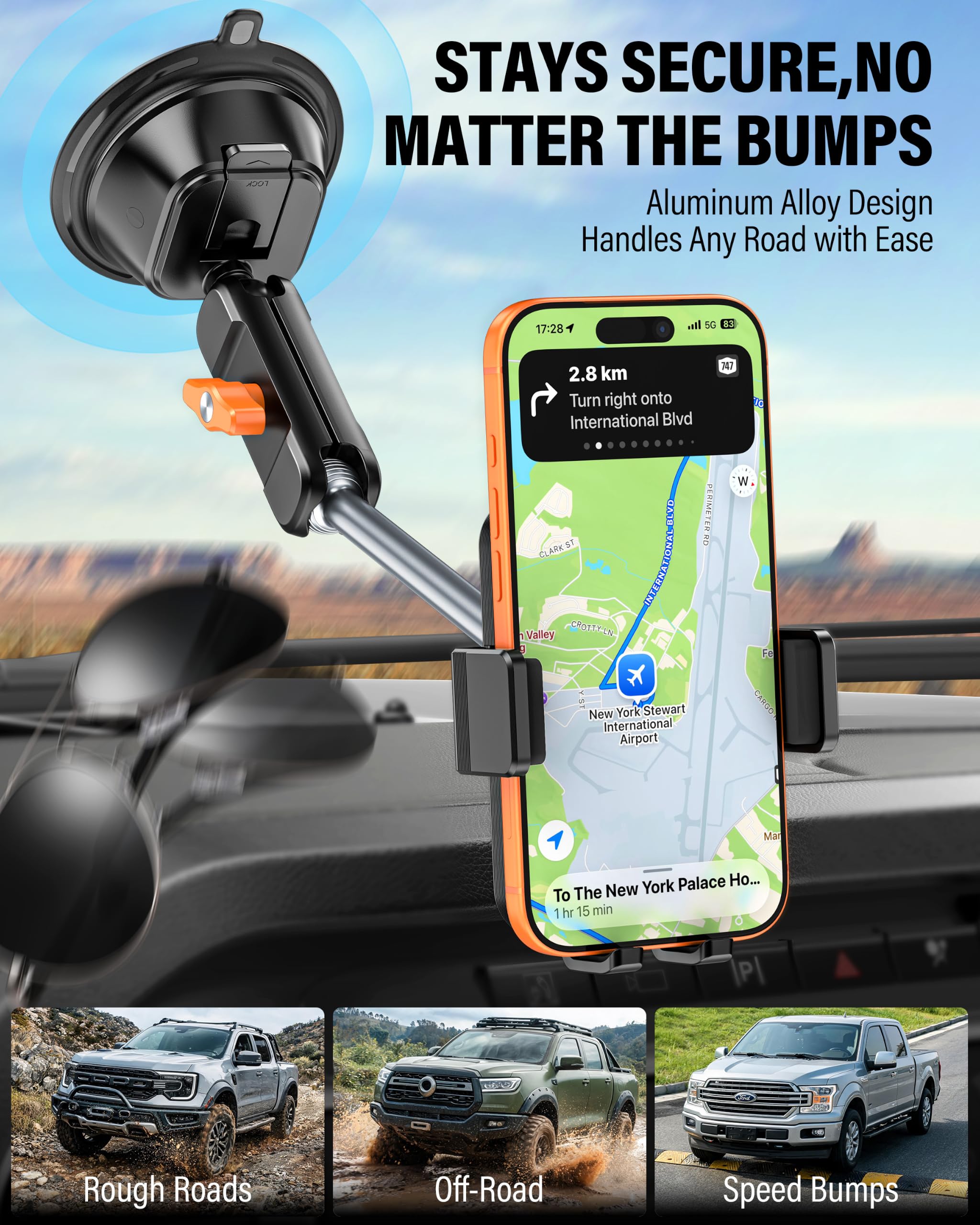 A2C Soporte de coche con doble ventosa de vacío resistente, soporte de teléfono para parabrisas con brazo de metal antivibración con liberación con una sola mano y rotación de 360° para iPhone y la