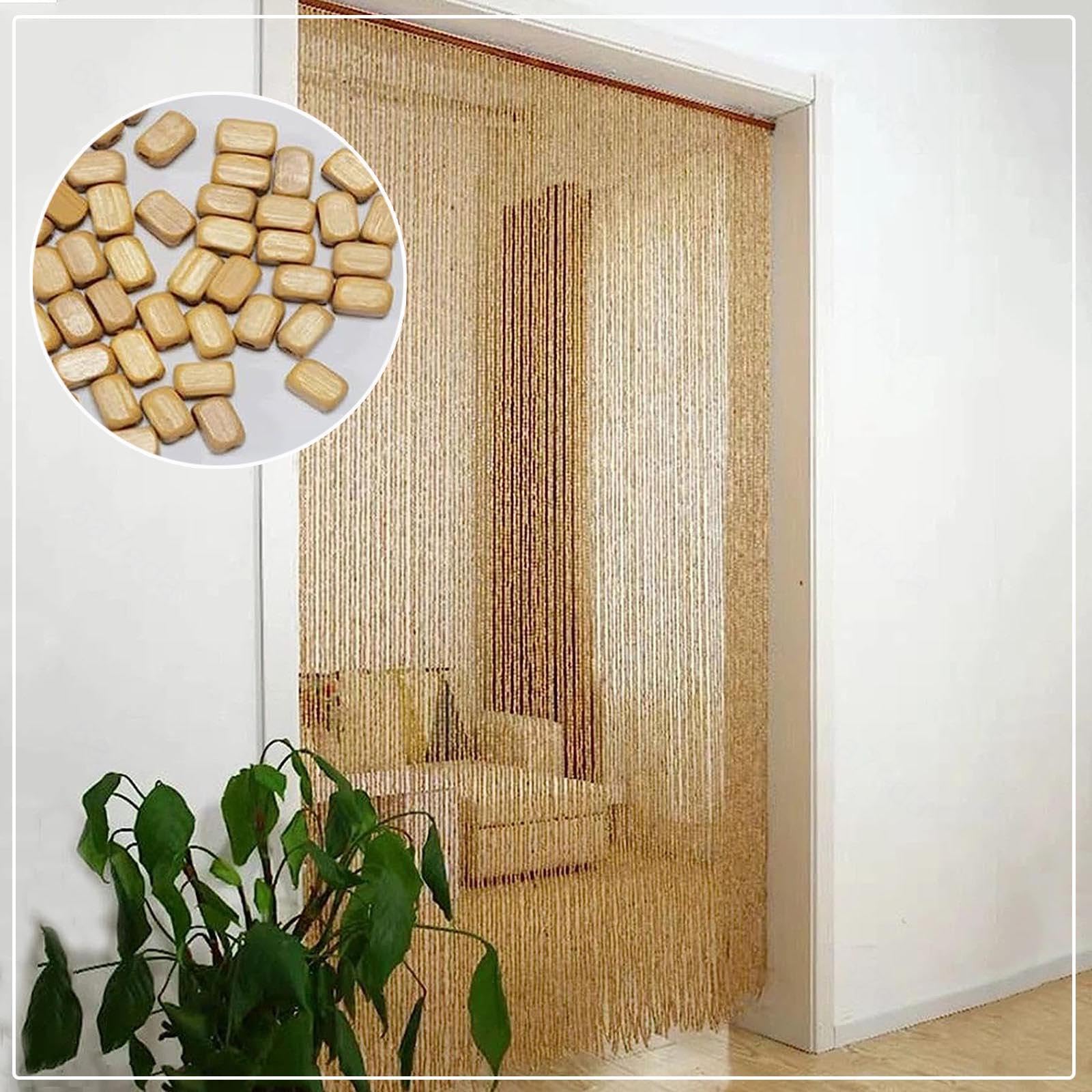 Handgefertigter Bambus-Perlenvorhang, 90 x 230 cm, natürliche Holzperlen, Fliegengitter-Trennwand für Schrank, Tür, Terrasse, Heimdekoration und Privatsphäre-Lösung