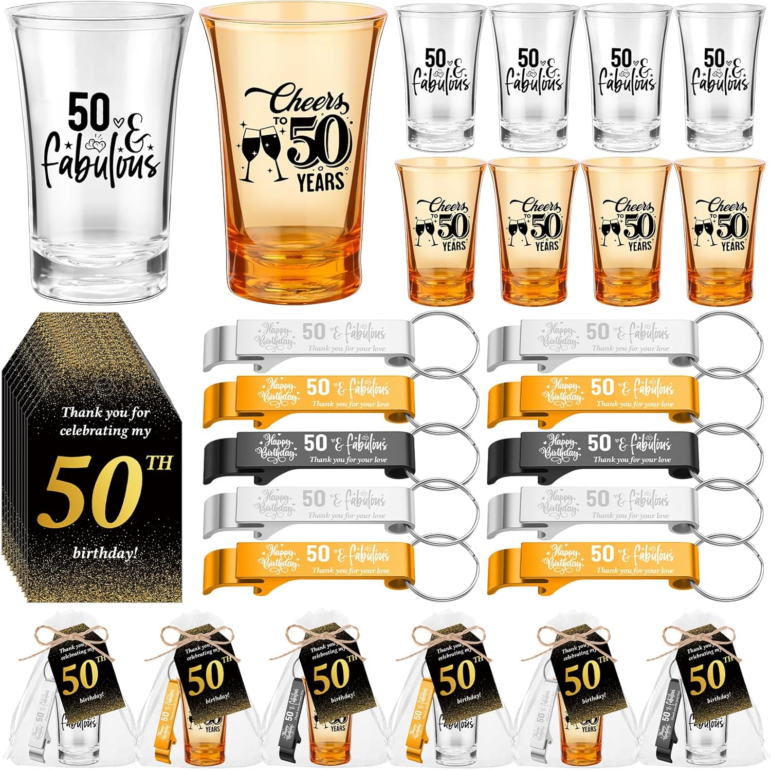 Domensi 30 Sets 50th Birthday Party Favors for Guests 2 Styles Acrylic Short Glasses 3 Colors Bottle Opener Souvenir Thank You Tags with Organza Bags Twine for Birthday Anniversary Wedding Shower
