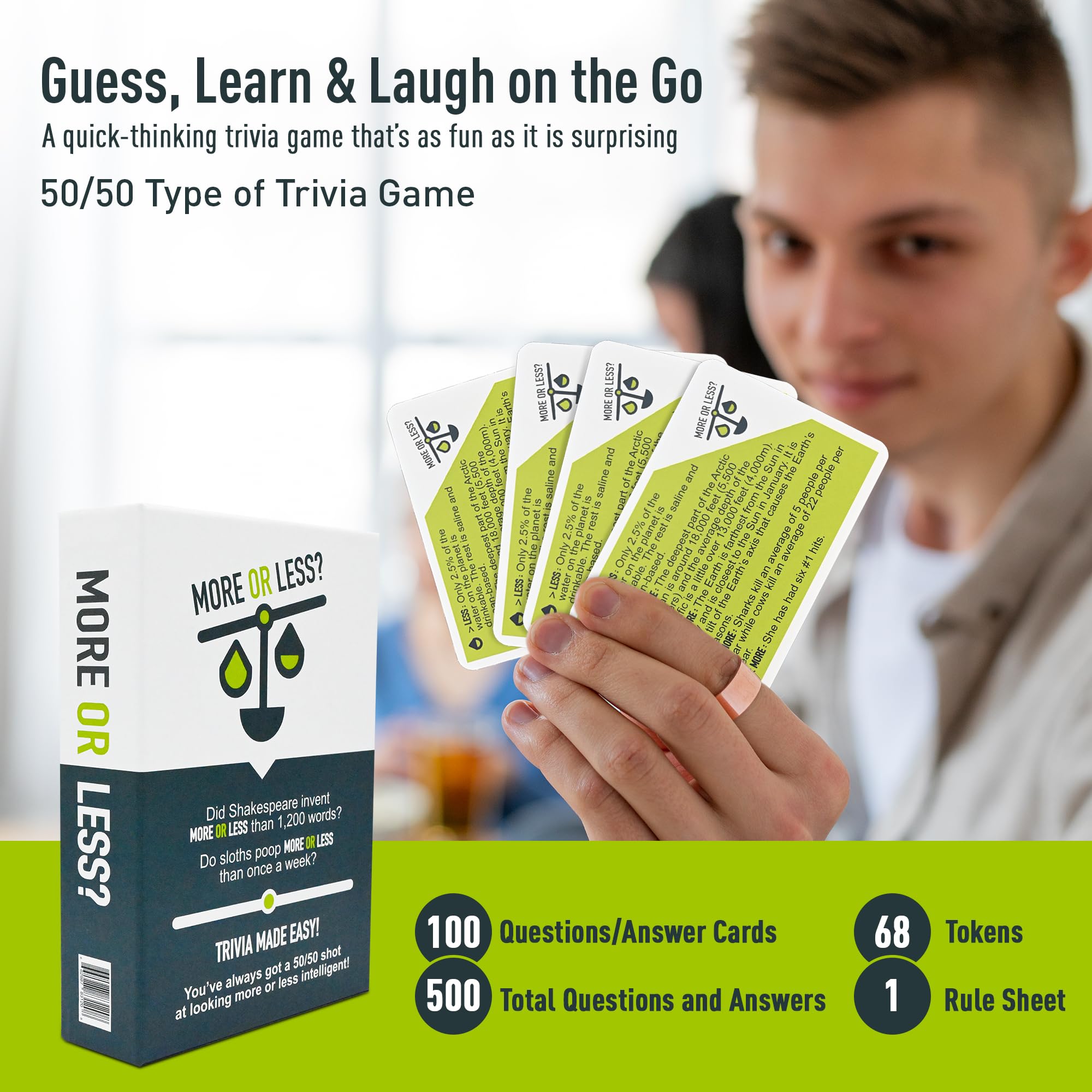 More Or Less? Juego de cartas de trivia, compacto y divertido, ideal para viajes, noche de juegos familiares, regalos de Navidad y vacaciones, 5 categorías de preguntas