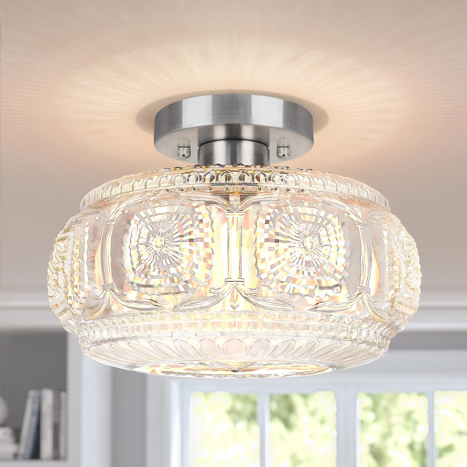 OYKYOHEI Semi Flush Mount Ceiling Light, Upgraded Larger Brushed Nickel Glass Ceiling Light Fixture, Vintage Lighting for Hallway Kitchen Bedroom