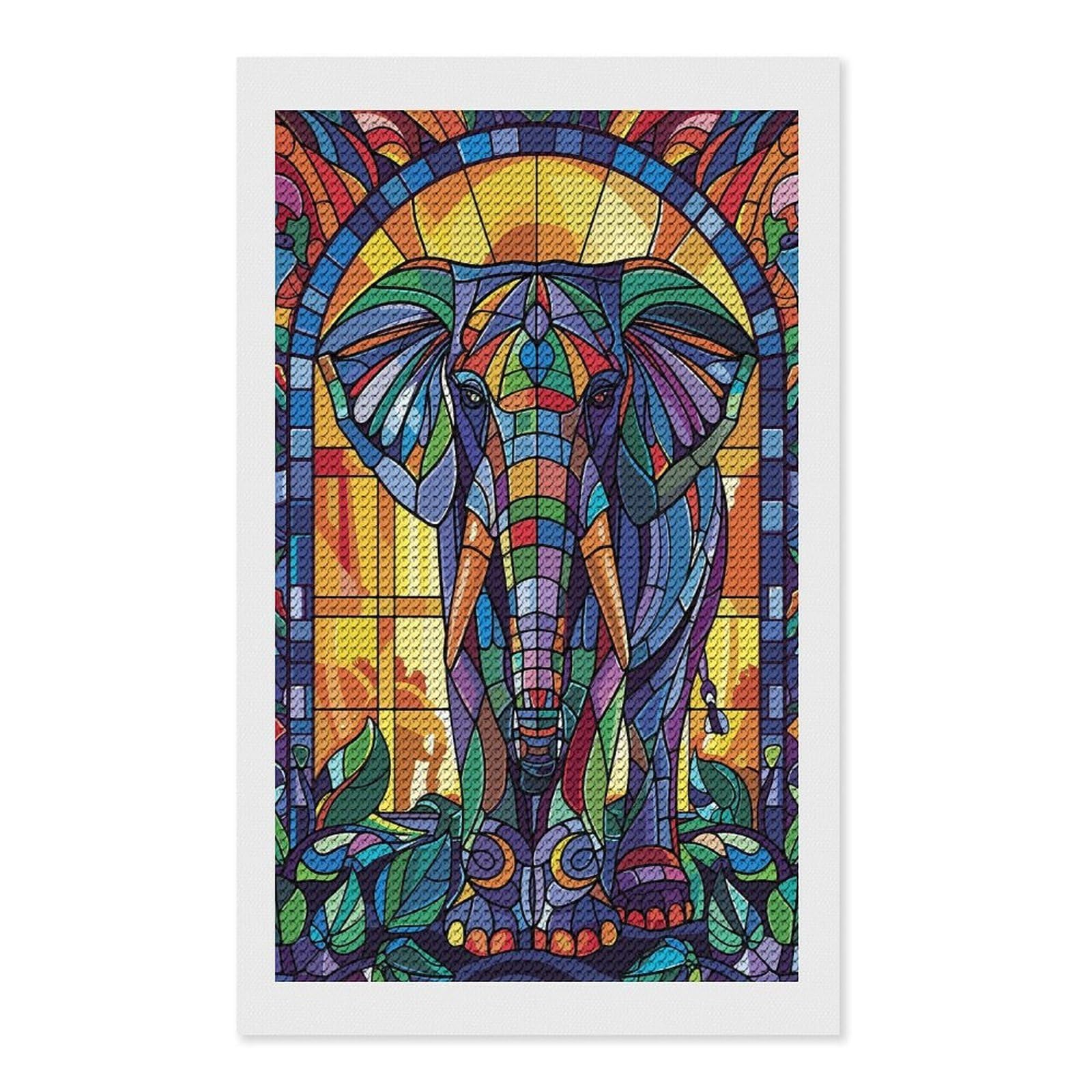 Junmoney Stained Glass Elephant Art DIY Diamond Art Canvas Kit 12"x20", for Teens, Finish and Display, Holiday Gift Idea, Vintage Style Decor