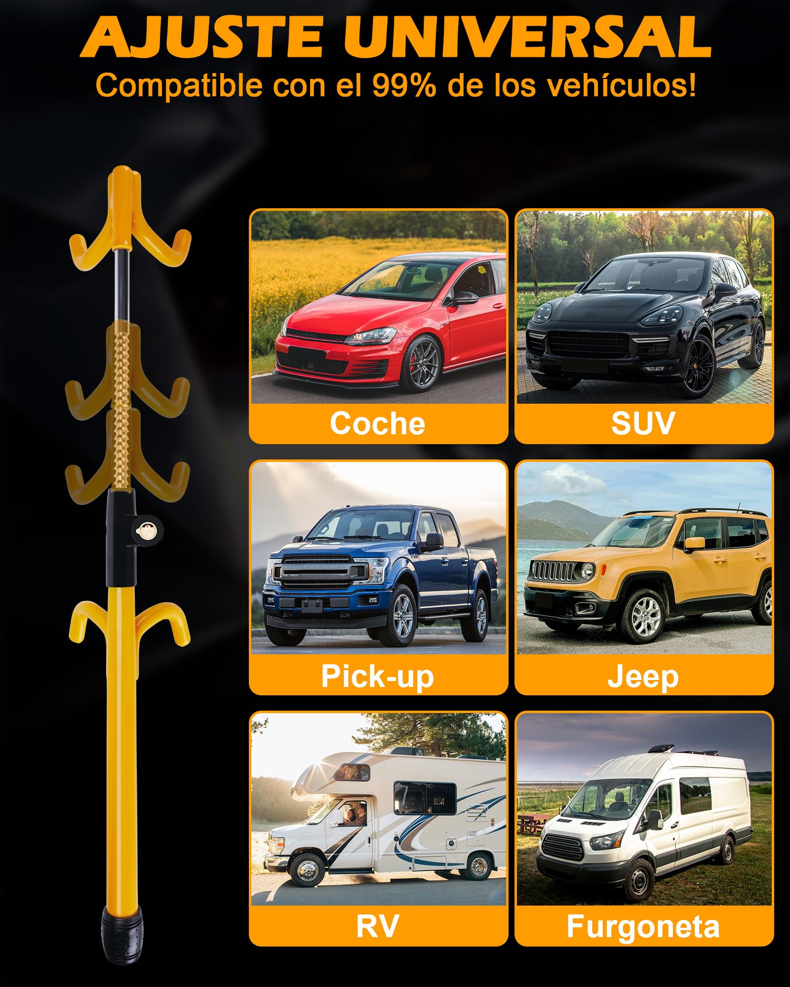 Tevlaphee Bloqueo de Volante con 4 Ganchos, Dispositivo Antirrobo Resistente de Alta Visibilidad, Ajuste Universal para Coches, Furgonetas, SUVs, Compatible con Volantes de hasta 41,5cm(Amarillo)