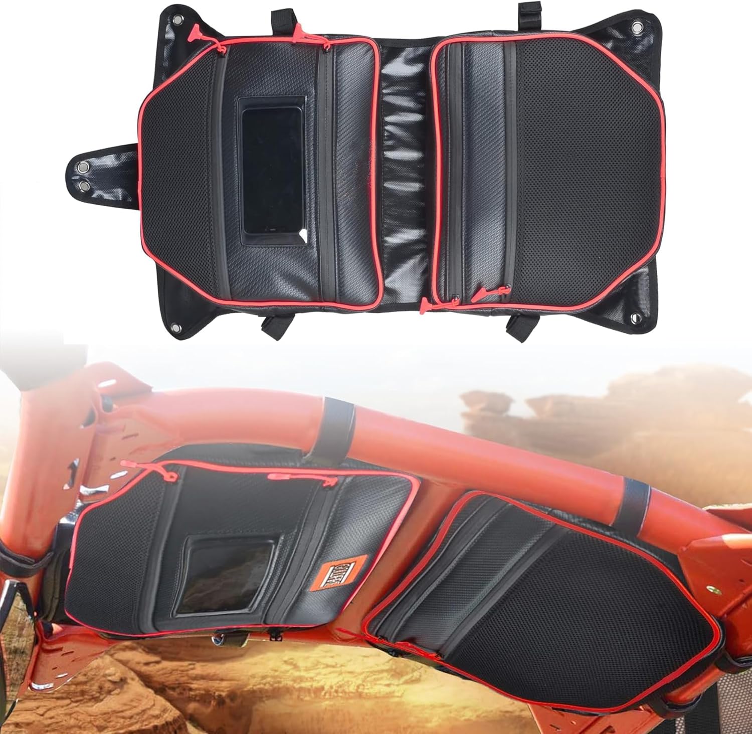 UTV X3 Overhead Roof Storage Bag Fit for Can Am Maverick X3 DS RC RS MR Turbo R RR 2017+ Multi Pockets (Red Piping)