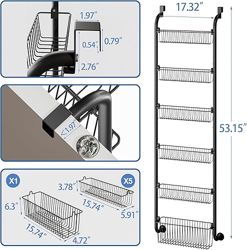 Miniatura 7 de AMERIBEST Organizador de despensa de 6 niveles para colocar sobre la puerta con 6 hojas de PVC, organizador de puerta de despensa de metal