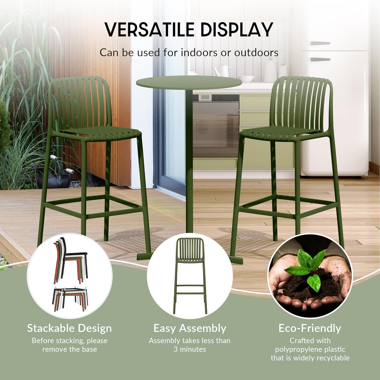 WestinTrends Playa 29.5" Outdoor Modern Polypropylene Plastic Patio Bar Height Stools (Set of 2), Olive Green