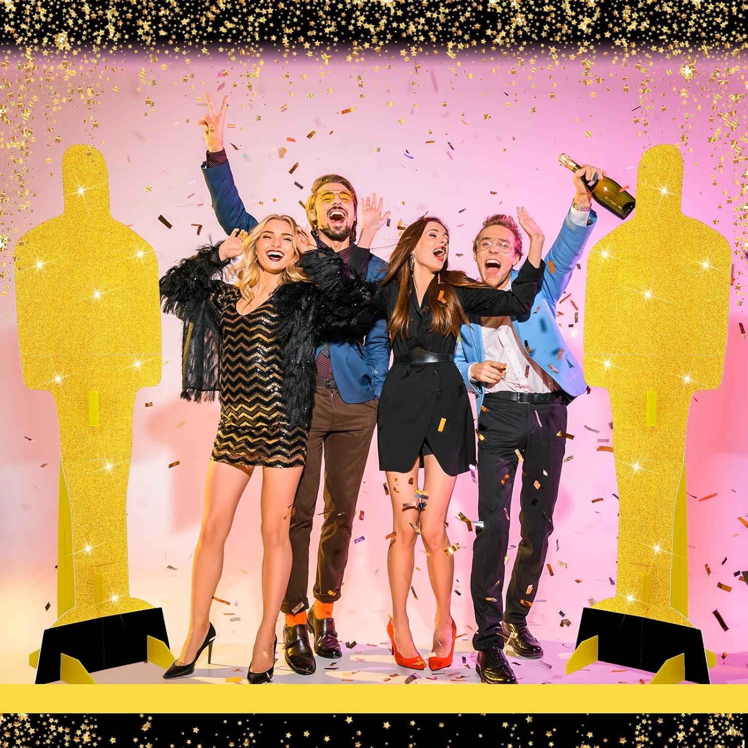 2 Pcs 6.56ft Large Gold Movie Statue Cardboard Golden Award Statue Plastic Cardboard Cutouts Standup Movie Props Waterproof PVC Standup Cutouts for Red Carpet Party Outdoor Indoor Home Decor