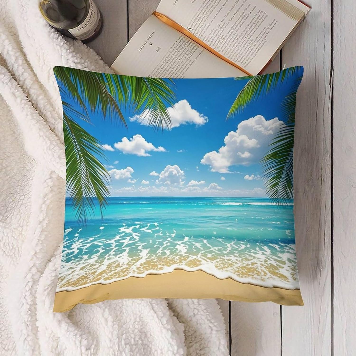 Zippered Pillow Cover, Pillow Protector, Hawaiian Beach Printed Pillow Cover of 4, Pillow Not Included