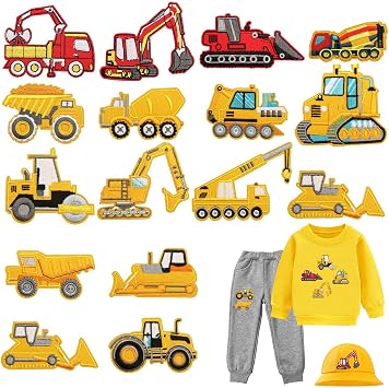 16 Pcs Engineering Vehicle Iron on Patches Embroidered Appliques Sew On Patches Construction Vehicles Car Truck Decor Patch for Boys,Clothing, Jeans,Jackets, Bags, Backpacks, Hats,Gifts