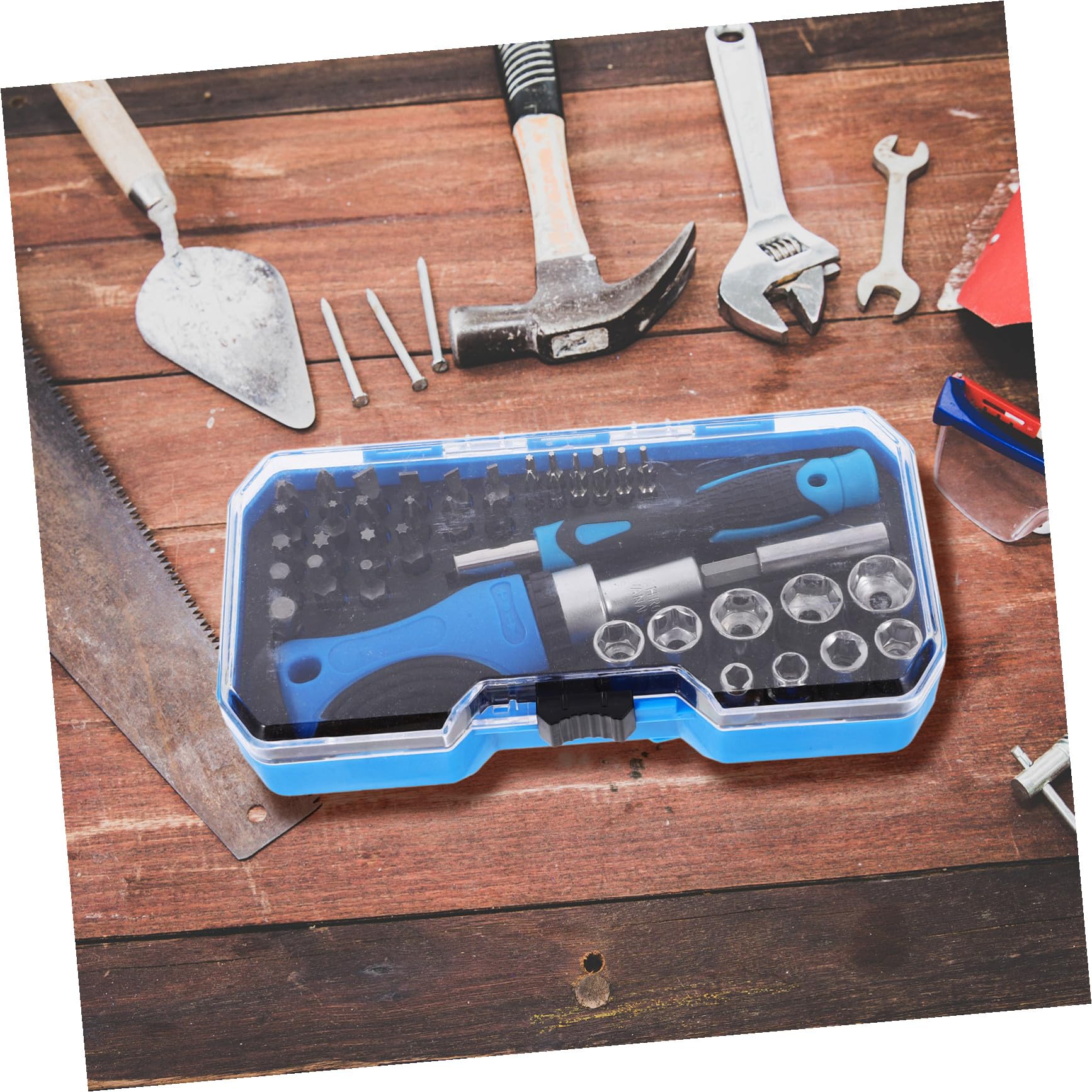 IMIKEYA 44 Piezas Juego de Destornilladores con Extensiones y Juego de Llaves de Vaso Profesionales, Acero al Cromo Vanadio, Carraca, Puntas Planas, y Cruz, con Caja, para Mantenimiento