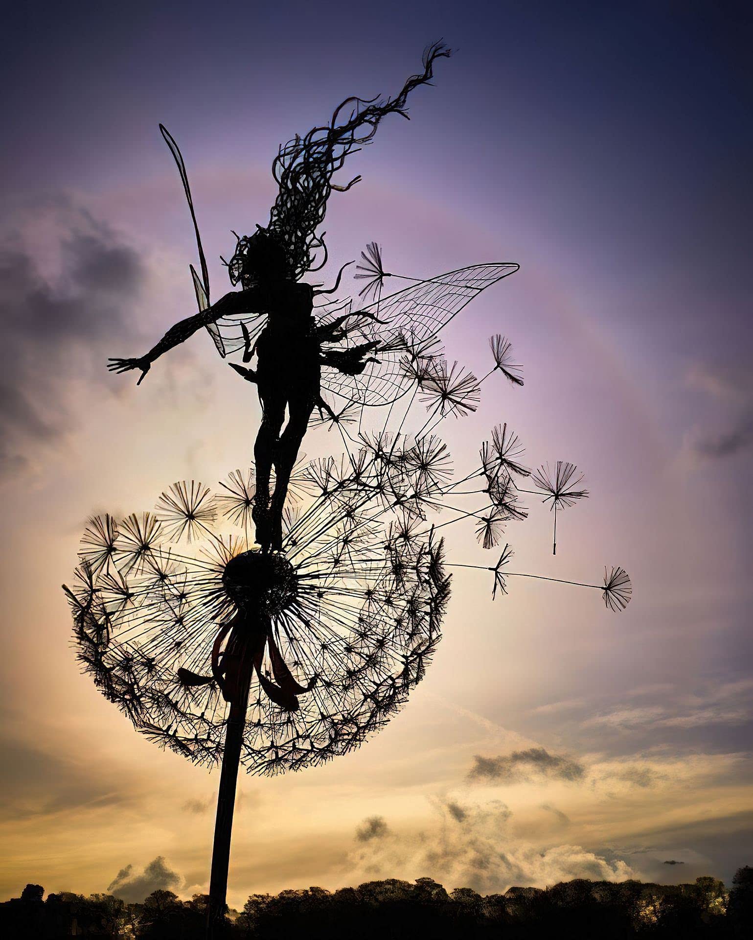 Fée et pissenlit dansent ensemble – Décoration de jardin en métal Fairy Bloom Décoration de jardin Mythique Jardin de fées Figurine de fées Pixies (A)