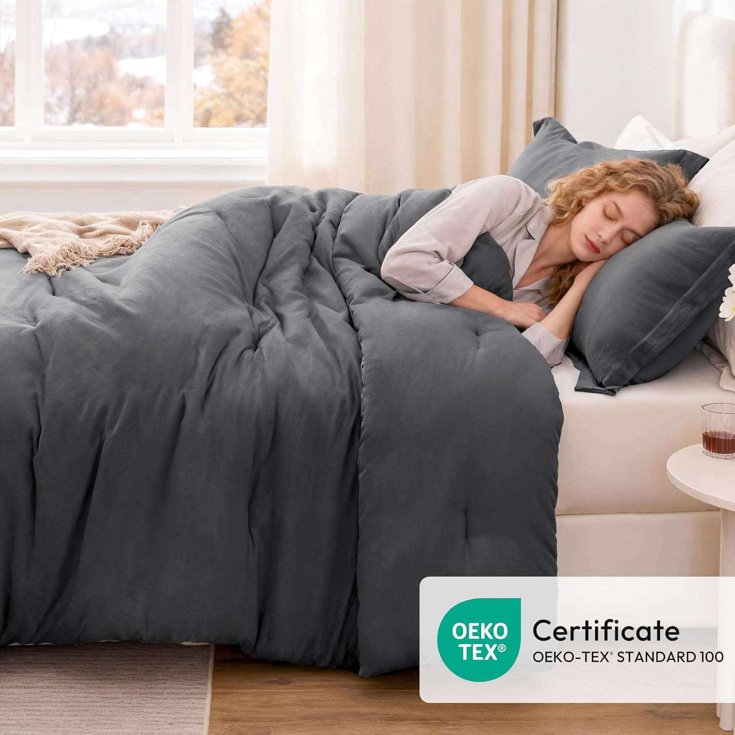Love's cabin Dark Grey Queen Comforter Set, 3-Piece Prewashed Bed Set with 1 Comforter (90 x 90 in) & 2 Pillowcases, Lightweight & Breathable for All Seasons | Soft, Breathable, Lightweight, Comfortable