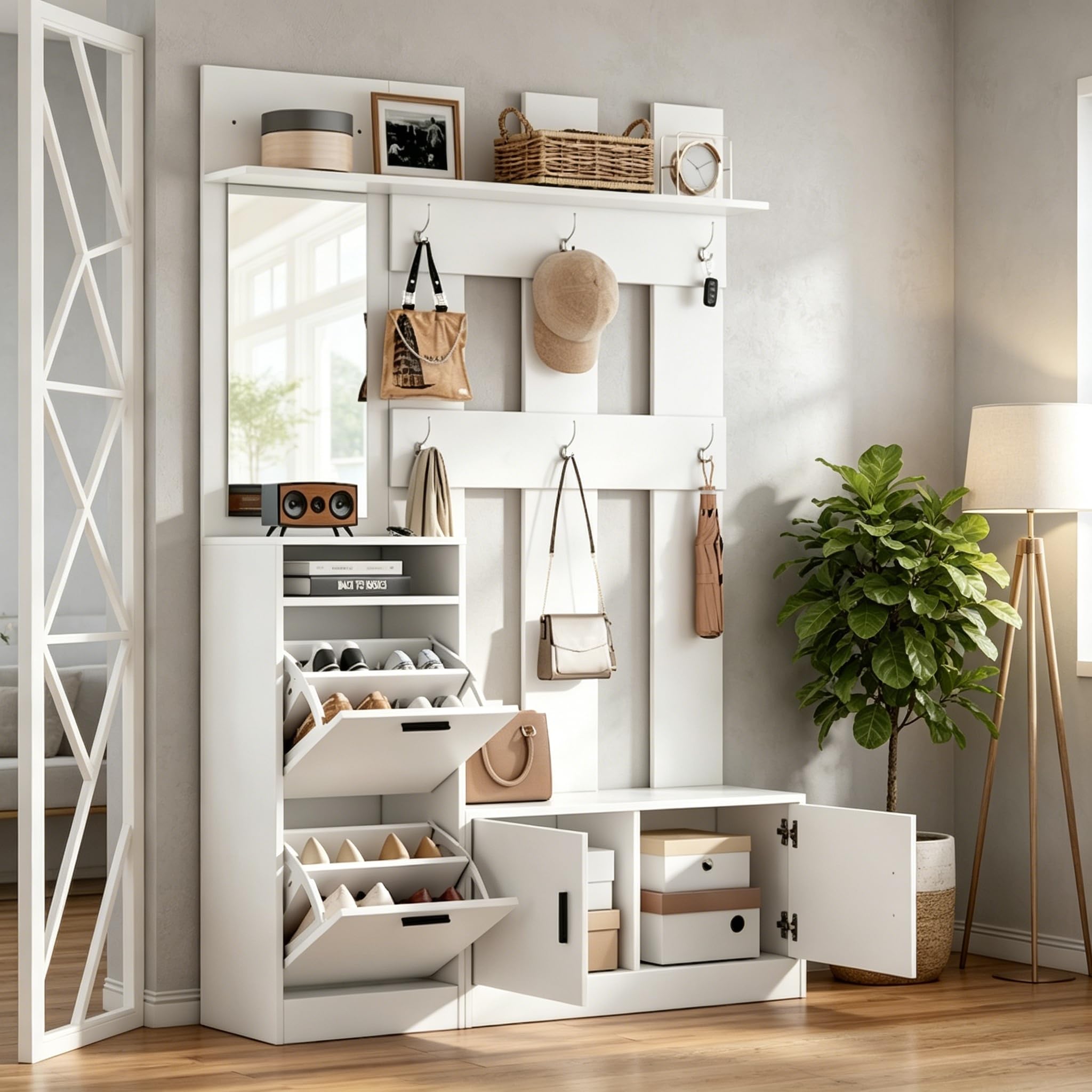 Garderoben-Set mit Schuhschrank, Spiegel und Kleiderhaken, Flurgarderobe Set mit Ablagefläche, Wandgarderoben Set für Eingangsbereich, Weiß, 120x30x180 cm
