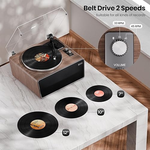 Miniatura 7 de Tocadiscos de vinilo todo en uno, tocadiscos Bluetooth integrado con 4 altavoces estéreo, preamplificador de teléfono, tocadiscos de alta fidelidad