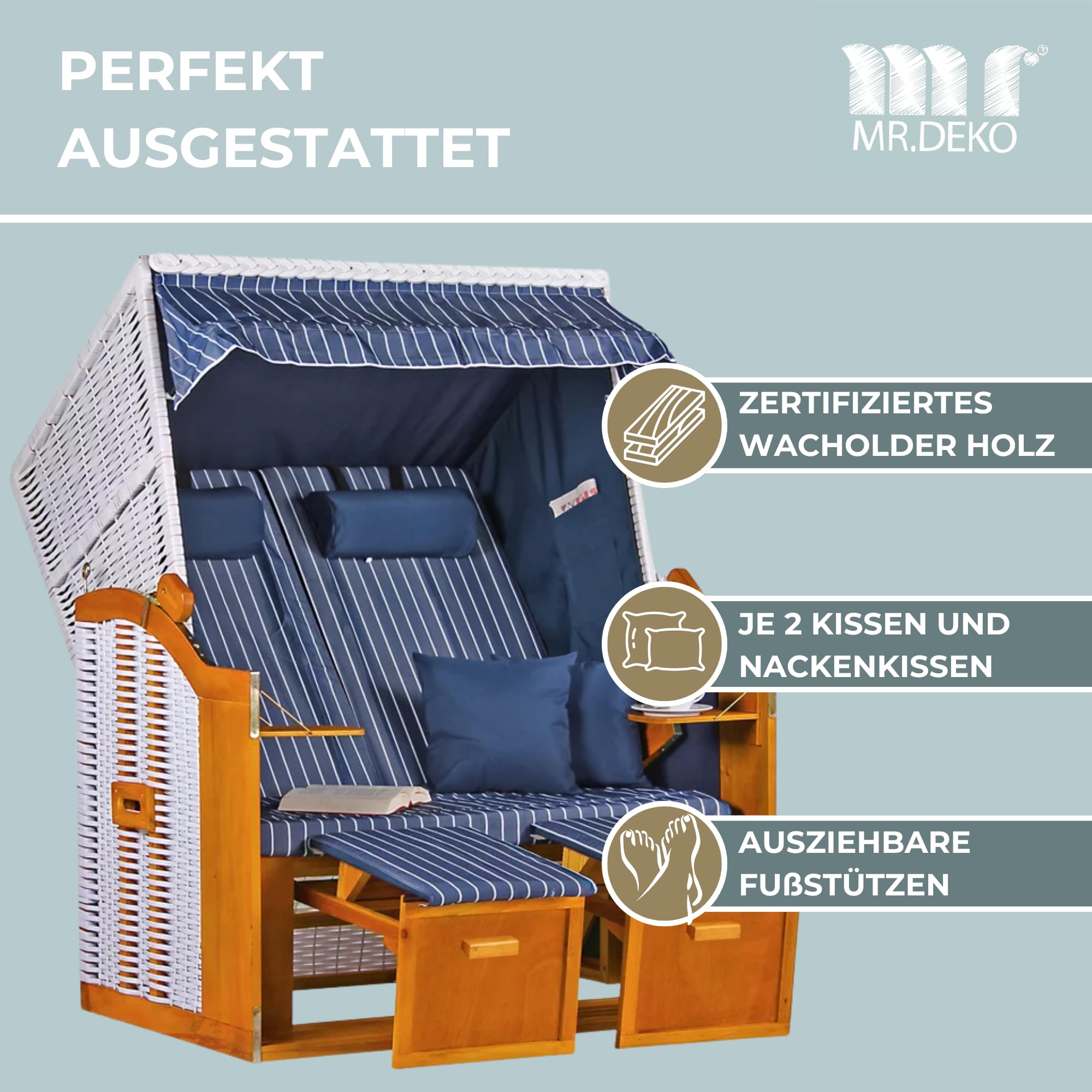 Mr. DEKO® Strandkorb Baltique rotin PE Blanc Bleu | qualité Premium | résistant Pluie Vent | Fauteuil-Cabine détente | mobilier de Jardin et Balcon extérieur, Coin Repos Chic