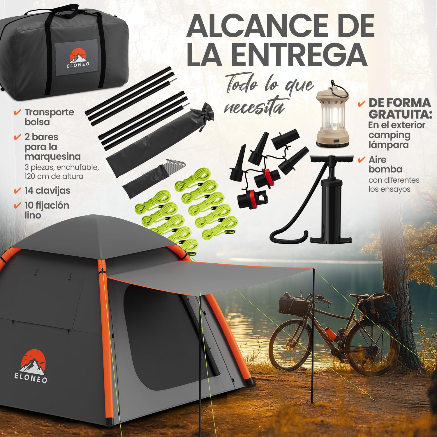 ELONEO Tienda de campaña hinchable con toldo y bomba de aire, tienda de campaña impermeable, ultraligera, tienda de campaña inflable con luz LED gratis