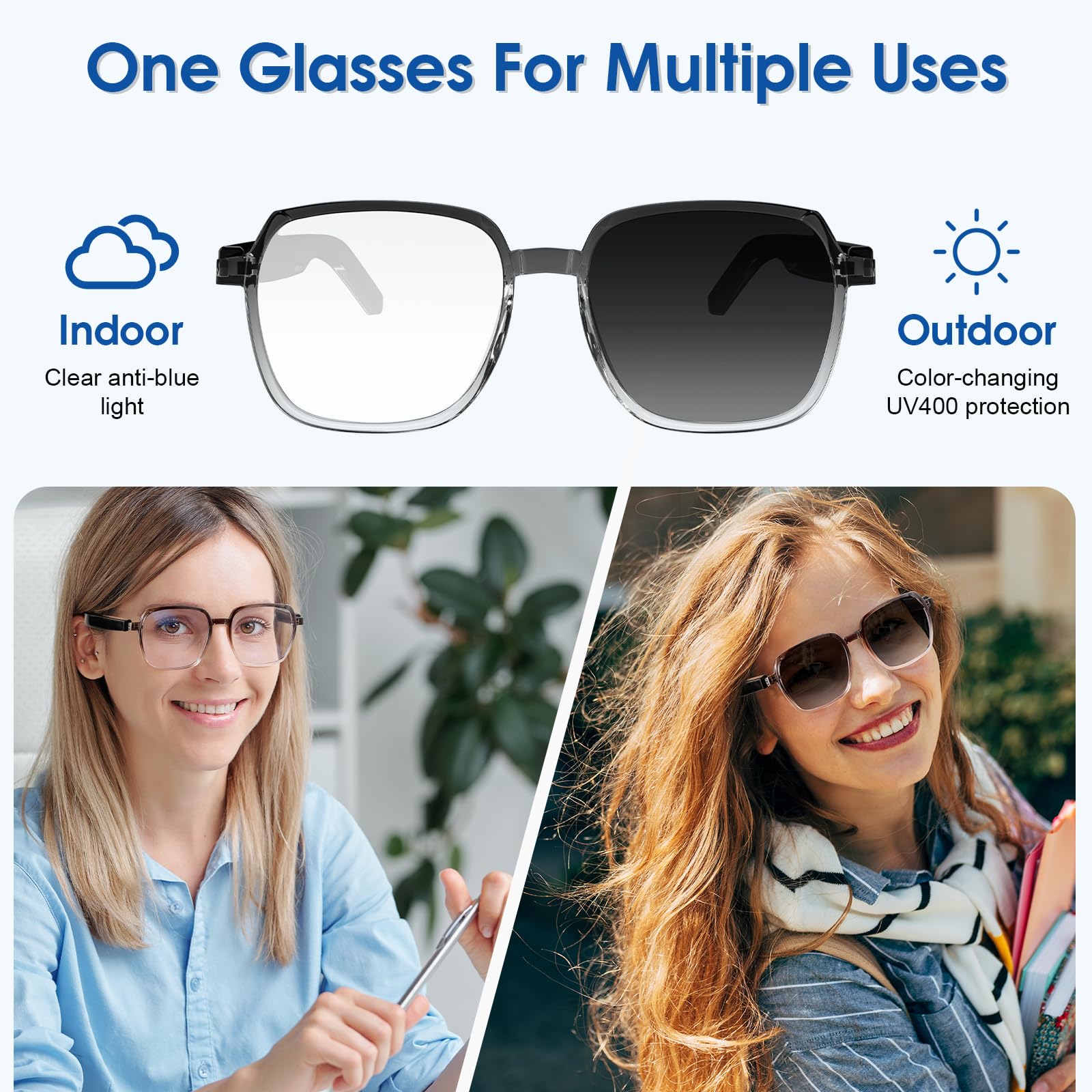 DIGI4U Lunettes Bluetooth - Audio à oreilles ouvertes, verres photochromiques UV400 et protection contre la lumière bleue, micro pour appels, lunettes intelligentes mains libres pour homme et femme