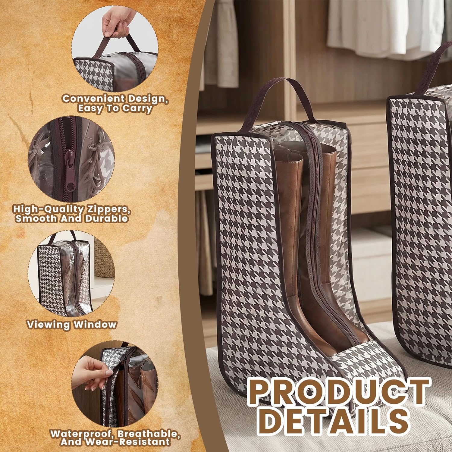 4 Pcs Boot Bags for Cowboy Boots Boot Storage Organizer Tall Boots, Houndstooth Shoe Storage Bags with Handles, Dust Proof Travel Shoes Organizer for Packing, Daily Use, Home Closet Organization