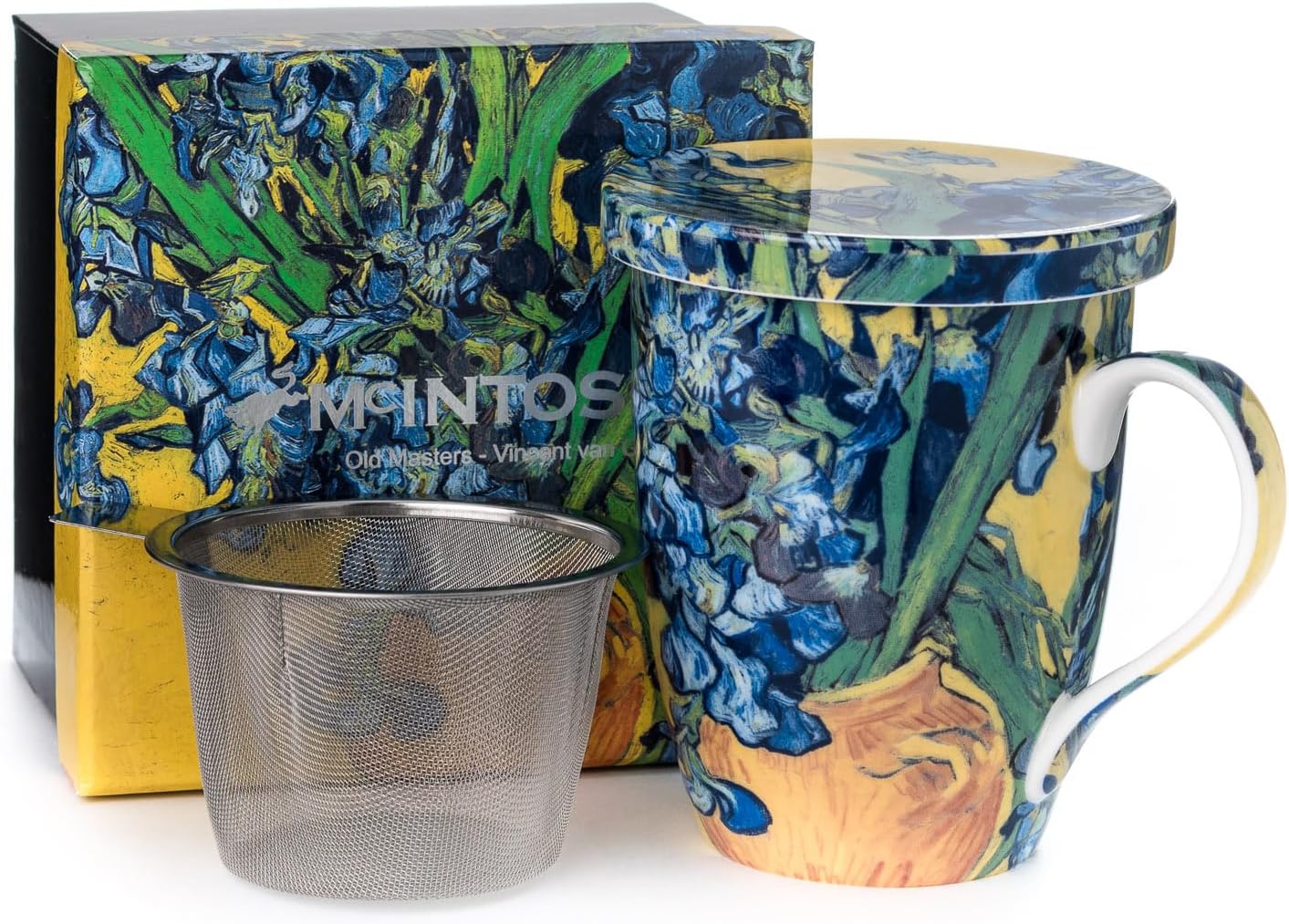McIntosh Van Gogh Irises Fine Bone China (15 oz) Tea Mug with Lid and Infuser in Matching Gift Box