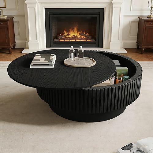 Miniatura 3 de Mesa de centro redonda con almacenamiento, modernas mesas de centro de madera estriada con base resistente, mesa de té central circular de tambor de