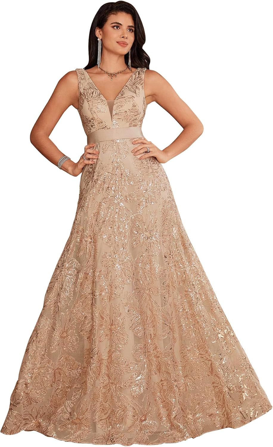 Sleeveless Glitter Sequined Womens Long Formal Gown Aline Prom Dress for Anchorwoman Floor Length Evening Dress